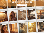 Overview of the "Gleam of Gold" stock image collection, showcasing golden hour beach aesthetics with 75 stunning AI-generated images, ideal for influencers and brands.