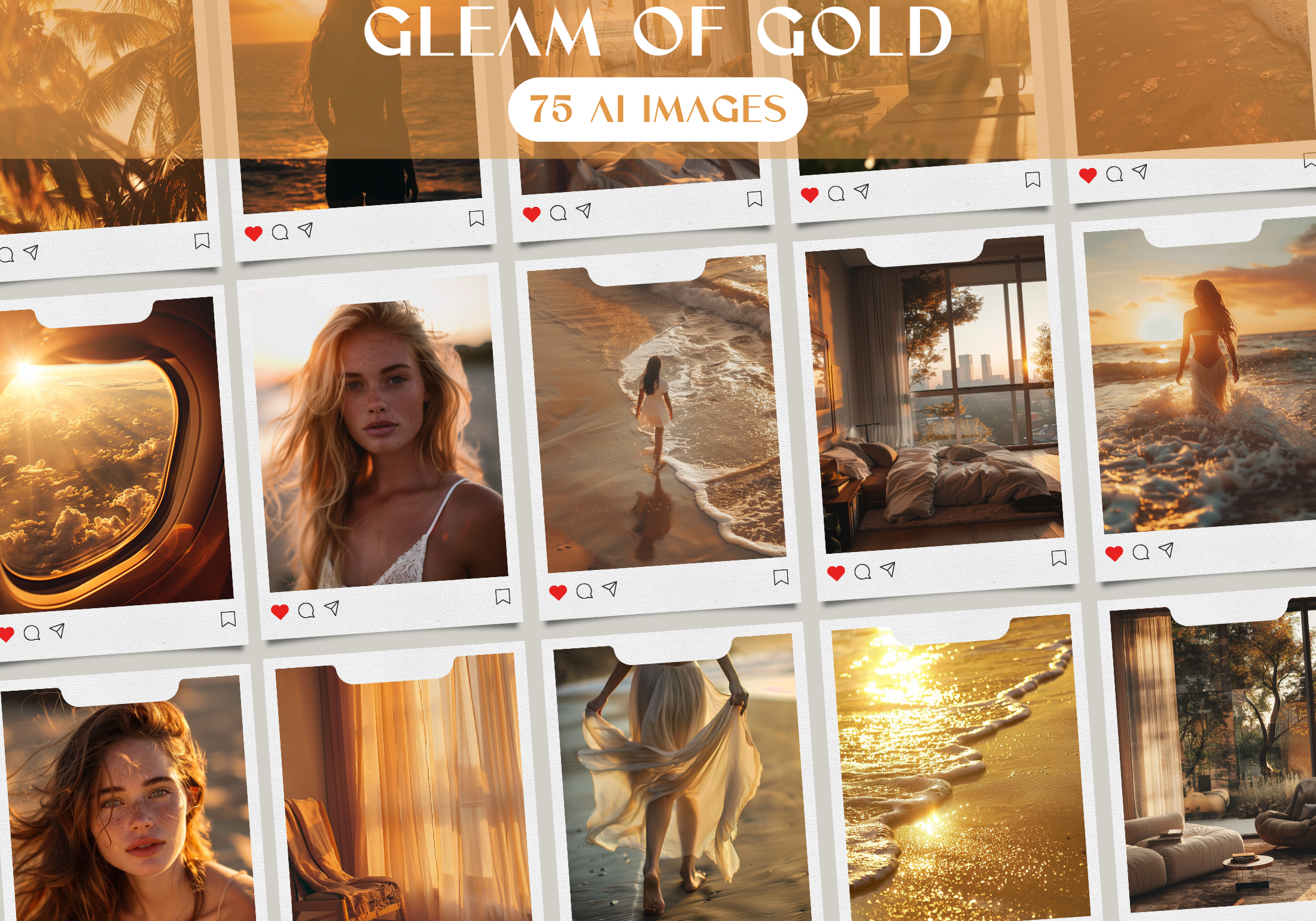 Overview of the "Gleam of Gold" stock image collection, showcasing golden hour beach aesthetics with 75 stunning AI-generated images, ideal for influencers and brands.