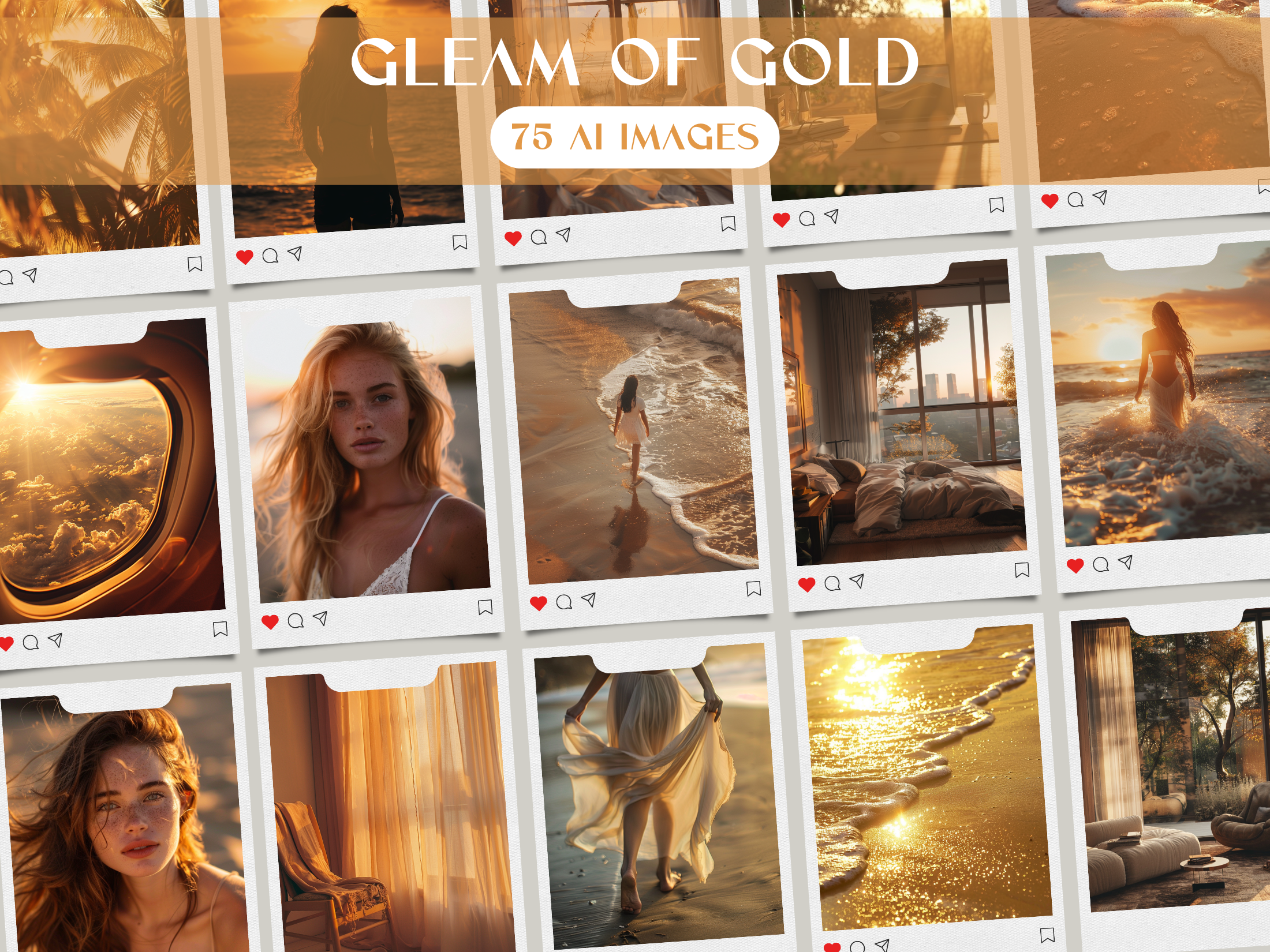 Overview of the "Gleam of Gold" stock image collection, showcasing golden hour beach aesthetics with 75 stunning AI-generated images, ideal for influencers and brands.