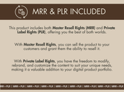 Graphic detailing the Master Resell Rights (MRR) and Private Label Rights (PLR) included in the Gleam of Gold Bundle, offering full freedom to rebrand and sell.