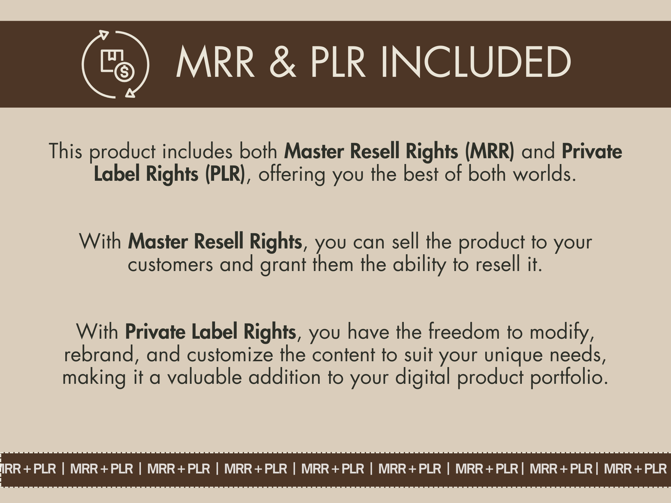 Graphic detailing the Master Resell Rights (MRR) and Private Label Rights (PLR) included in the Gleam of Gold Bundle, offering full freedom to rebrand and sell.