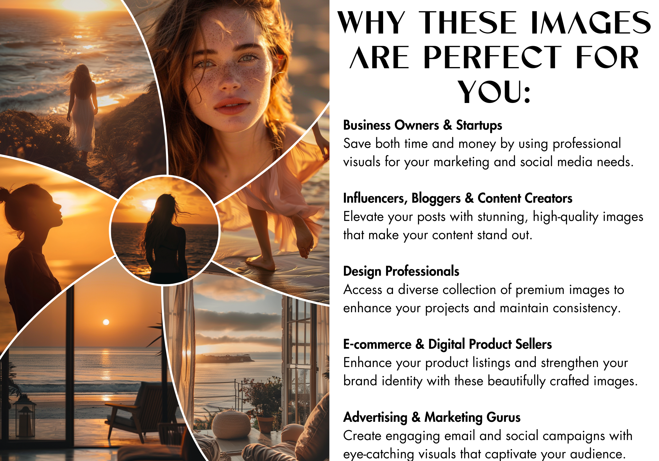 Visual description explaining why the Gleam of Gold images are perfect for business owners, influencers, content creators, and marketers.