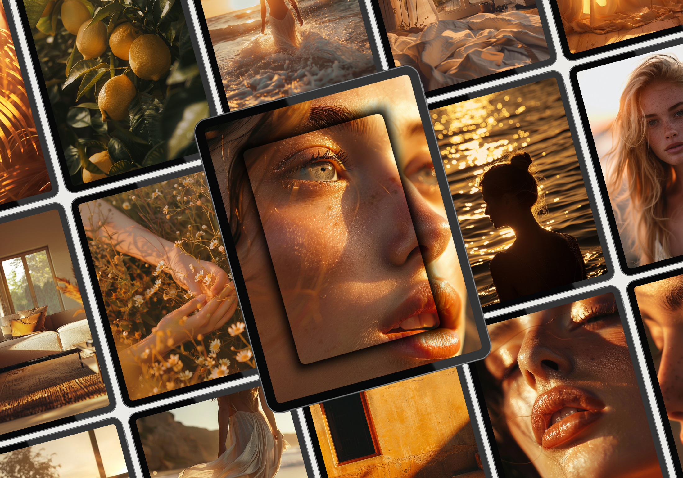 Collage of golden hour-themed beach images from the Gleam of Gold Bundle, highlighting the variety of sunset and glow aesthetics.