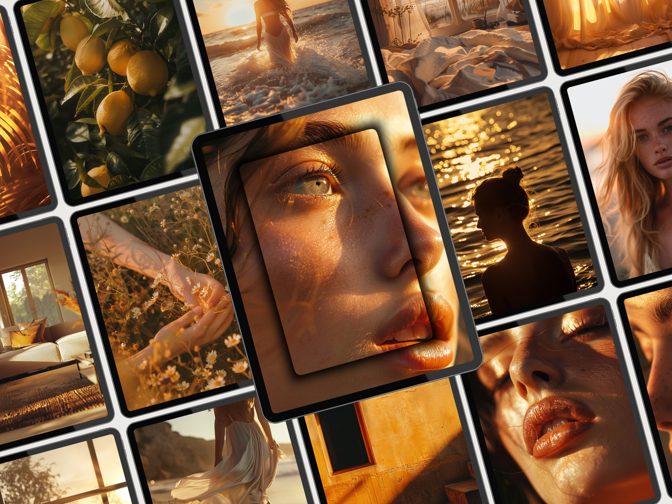 Collage of golden hour-themed beach images from the Gleam of Gold Bundle, highlighting the variety of sunset and glow aesthetics.