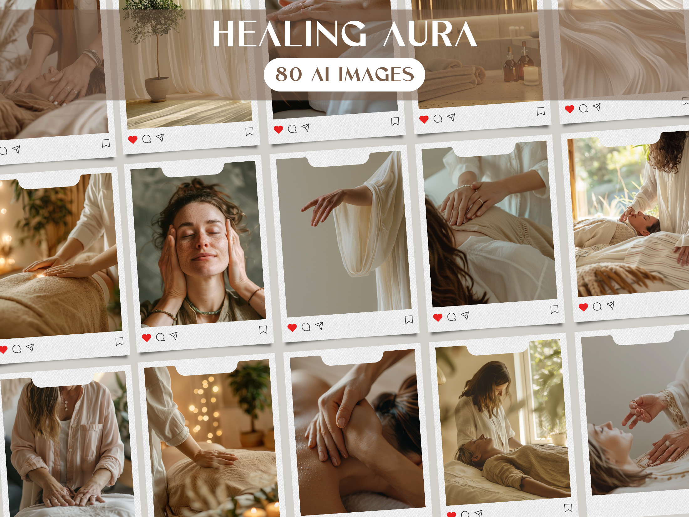 Overview of the "Healing Aura" stock image collection, offering 80 faceless stock AI images designed to infuse serenity and healing energy into content.