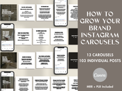 Cover image for the "How to Grow Your Brand Instagram Carousels" guide, featuring sample carousel layouts for business growth tips.
