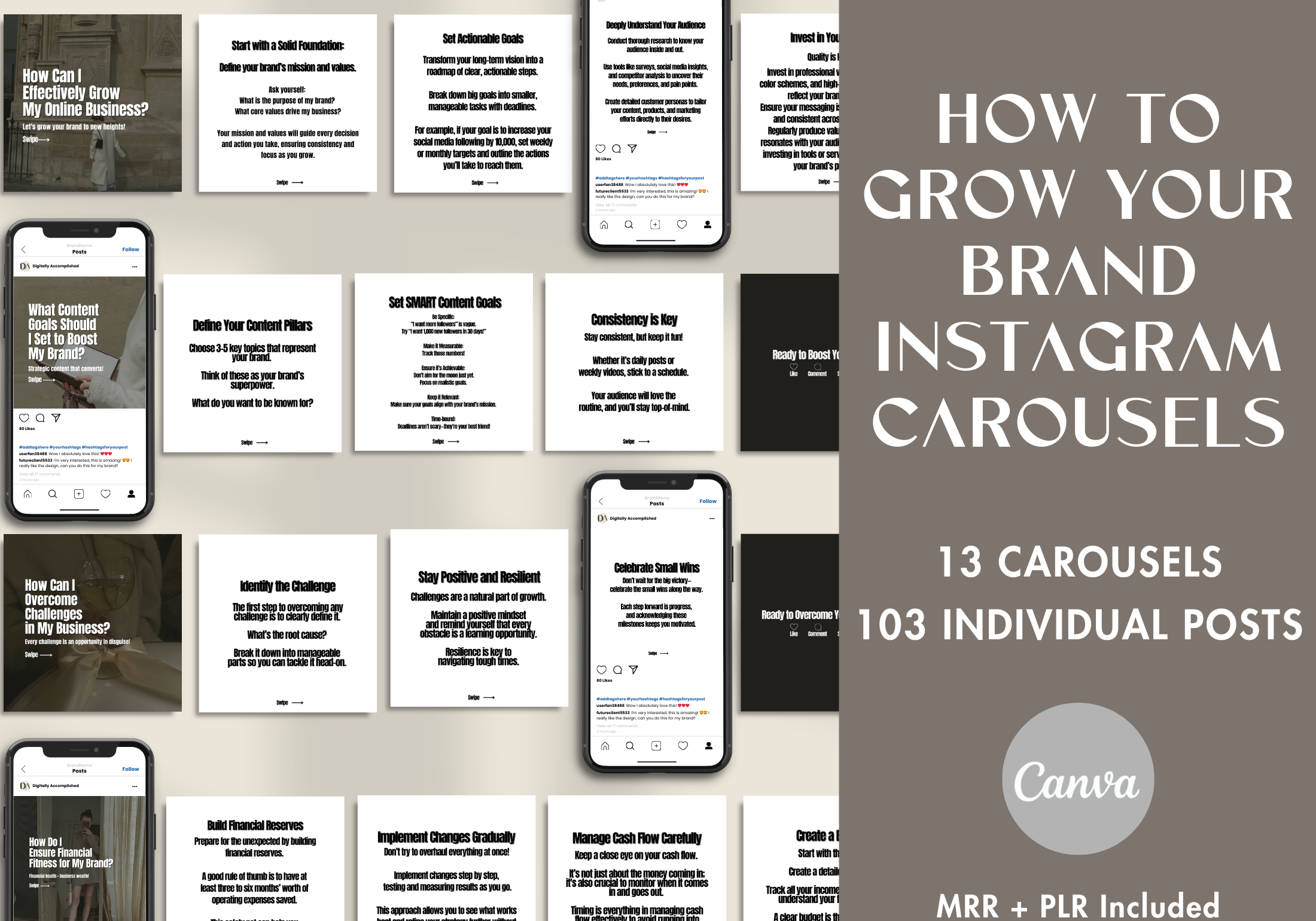 Cover image for the "How to Grow Your Brand Instagram Carousels" guide, featuring sample carousel layouts for business growth tips.