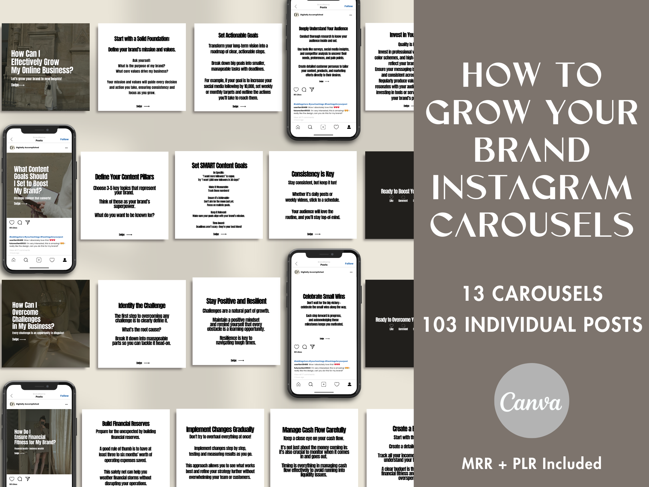 Cover image for the "How to Grow Your Brand Instagram Carousels" guide, featuring sample carousel layouts for business growth tips.