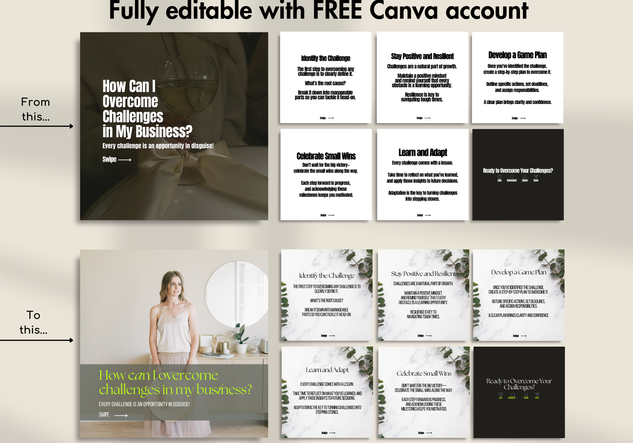 Editable Instagram carousel showcasing tips on overcoming business challenges, perfect for engaging audiences with actionable content.