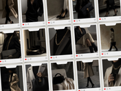 A grid layout featuring several images of women in trench coats, black heels, and gold accessories, resembling Instagram-style posts with heart and comment icons beneath each image.