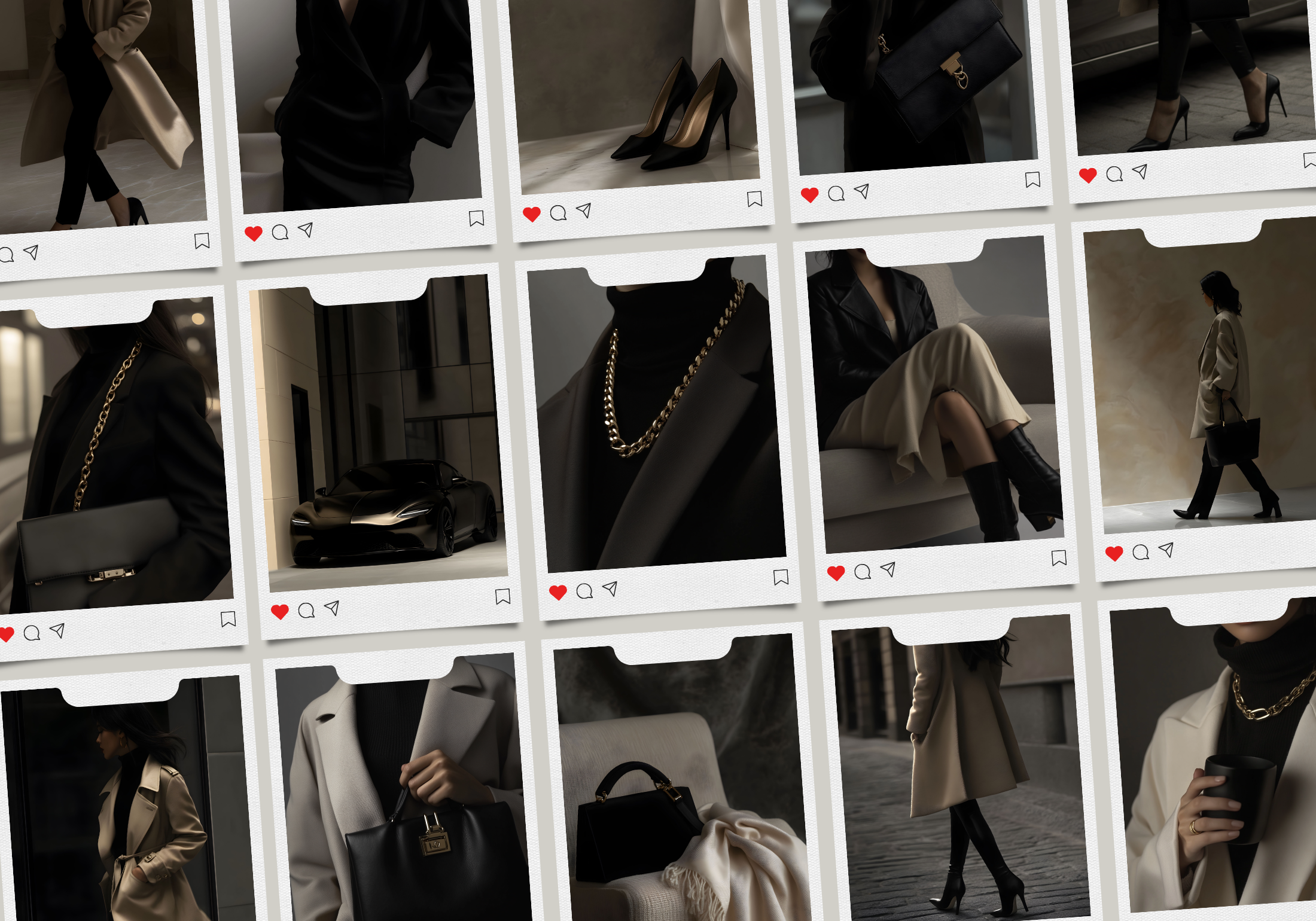 A grid layout featuring several images of women in trench coats, black heels, and gold accessories, resembling Instagram-style posts with heart and comment icons beneath each image.