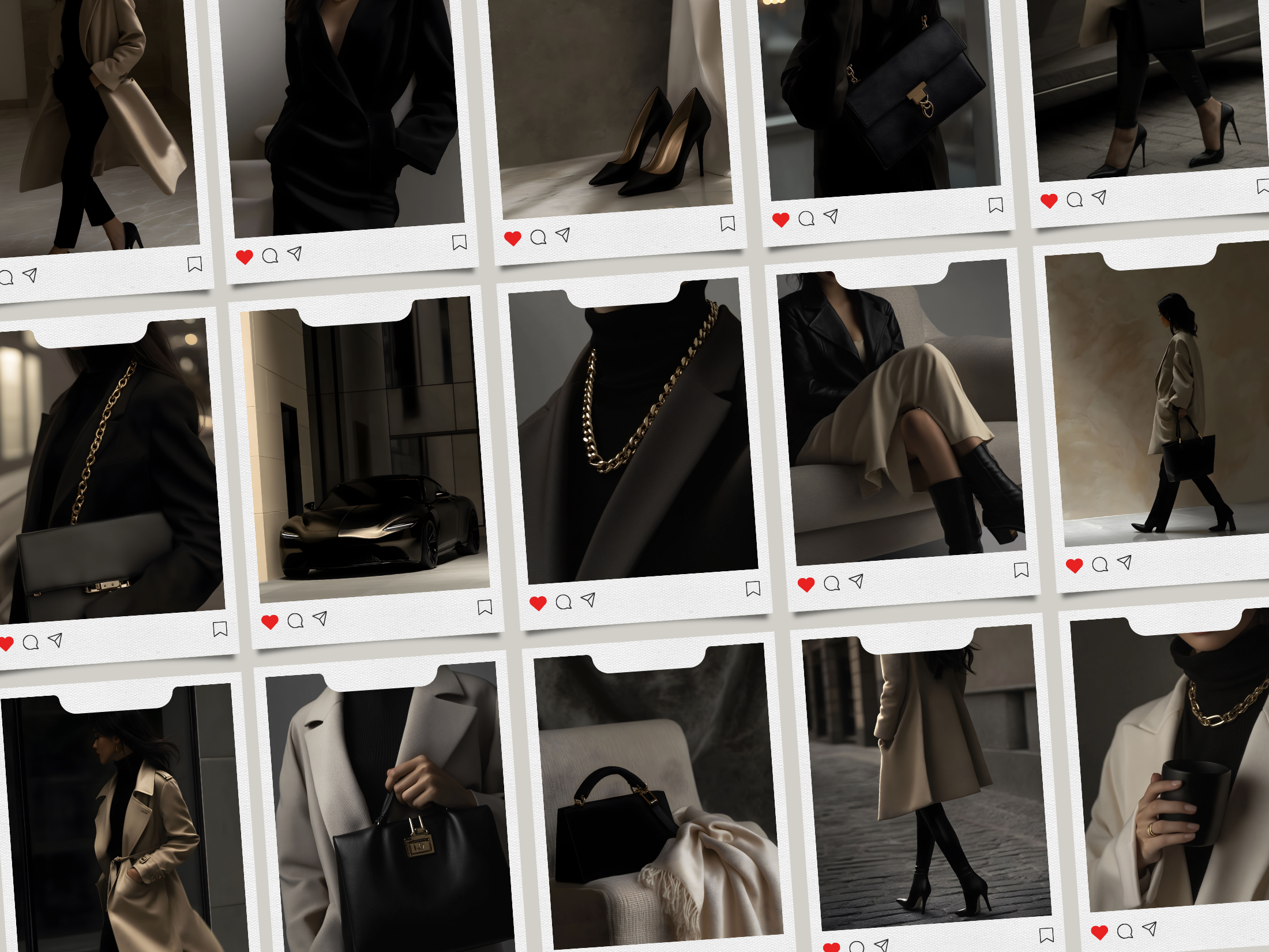 A grid layout featuring several images of women in trench coats, black heels, and gold accessories, resembling Instagram-style posts with heart and comment icons beneath each image.