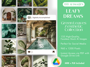 Cover image showcasing the "Leafy Dreams" stock photo bundle, highlighting the collection of green leaves and nature-inspired aesthetics.