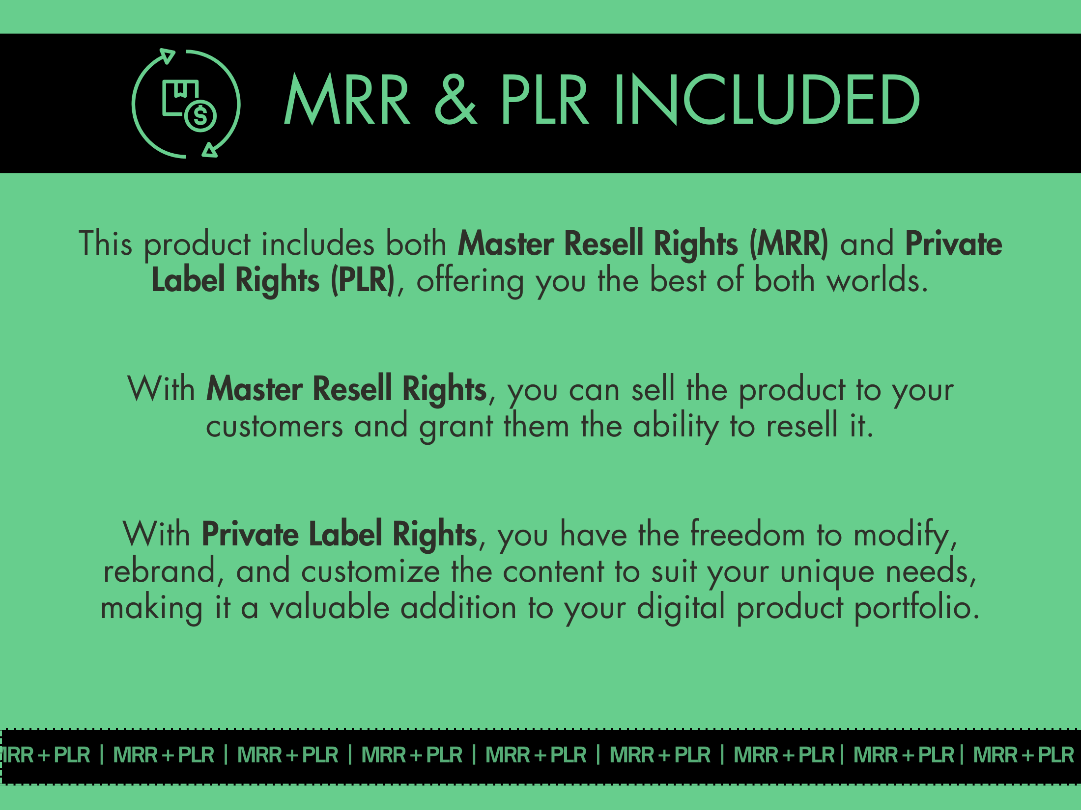 Details on the Master Resell Rights (MRR) and Private Label Rights (PLR) included in the "Leafy Dreams" stock photo bundle, emphasizing the lush green aesthetic.