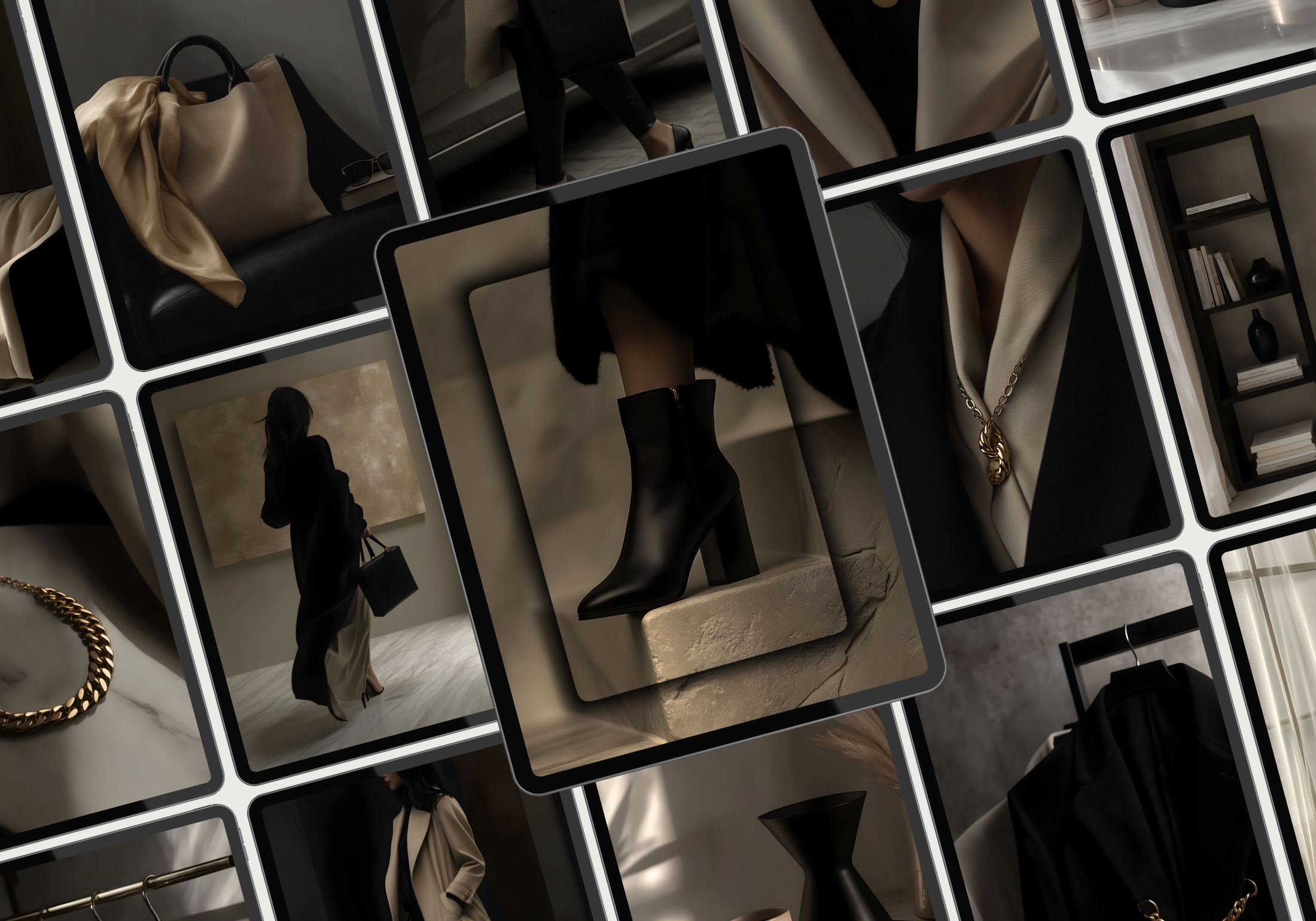 A collage of dark-toned images showing luxury fashion items, including handbags, boots, jewelry, and faceless women dressed in stylish coats and accessories, with an emphasis on elegance and minimalism.