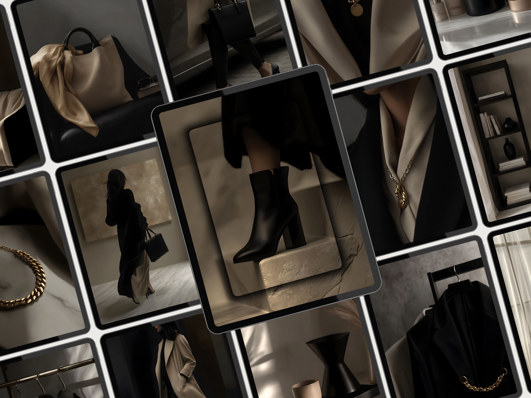 A collage of dark-toned images showing luxury fashion items, including handbags, boots, jewelry, and faceless women dressed in stylish coats and accessories, with an emphasis on elegance and minimalism.