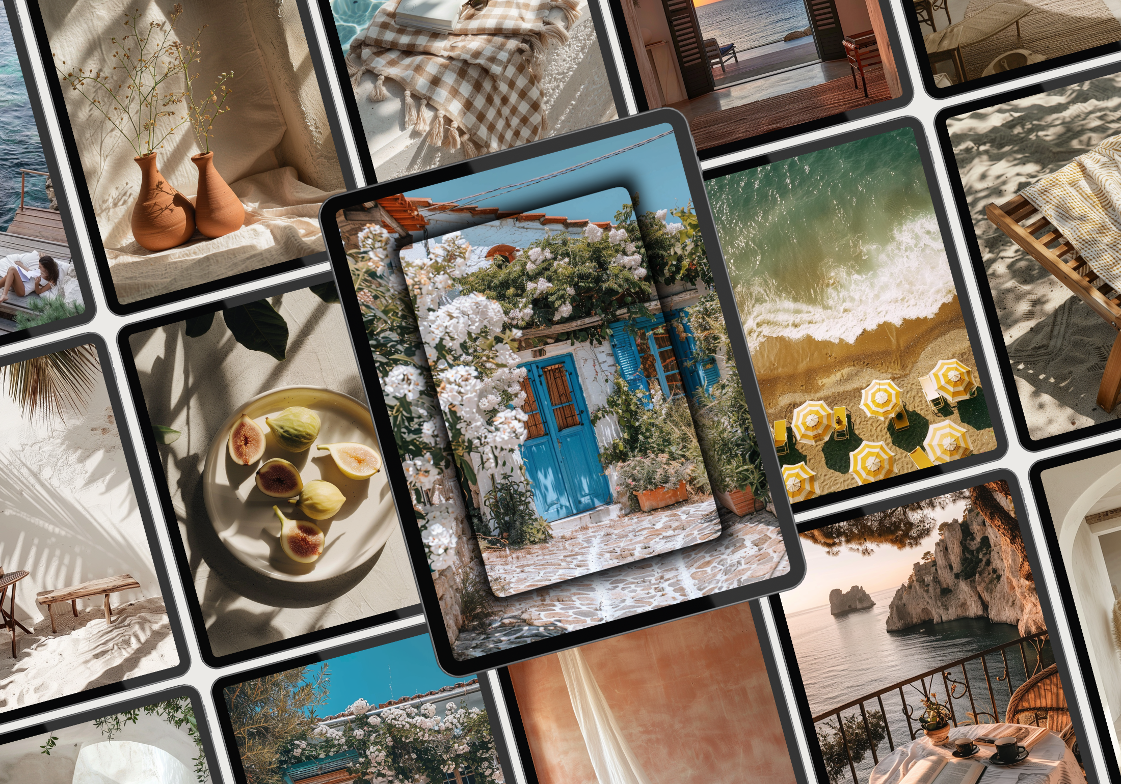 A grid of Mediterranean-themed images showcasing cliffside views, rustic architecture, and tranquil beach scenes.