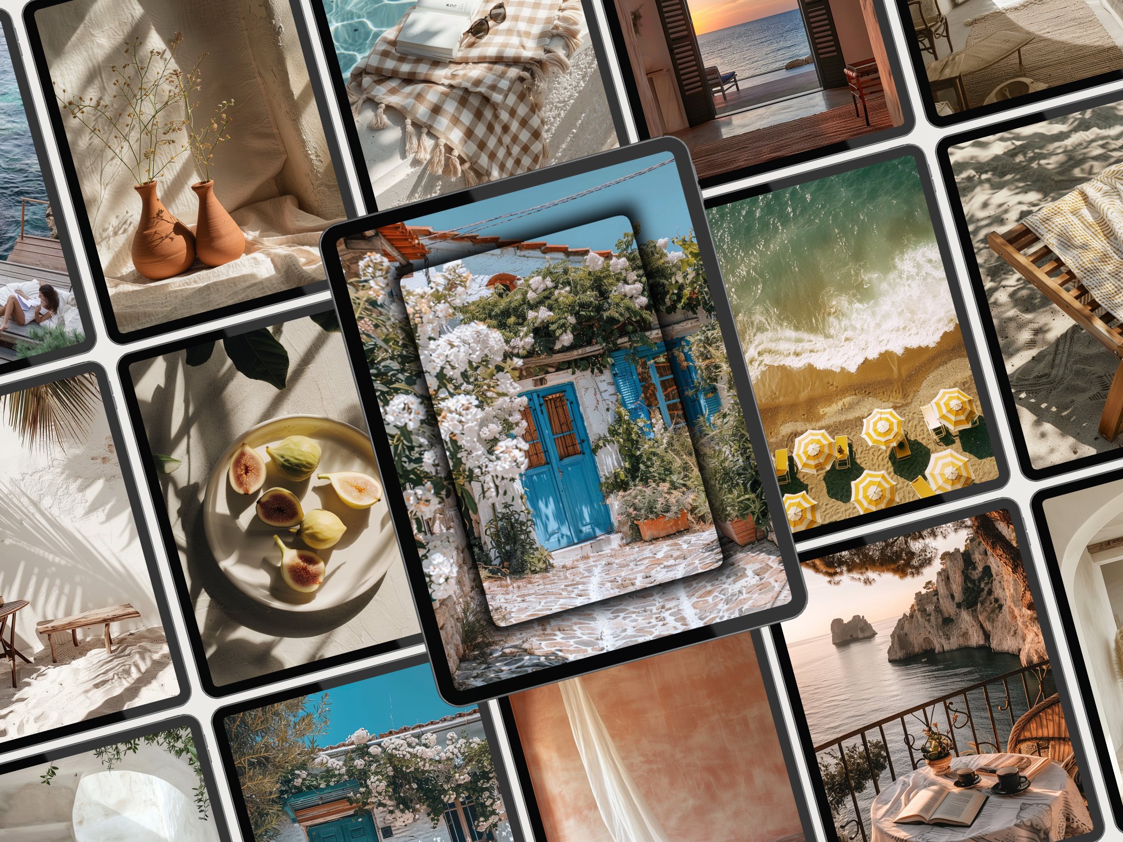 A grid of Mediterranean-themed images showcasing cliffside views, rustic architecture, and tranquil beach scenes.