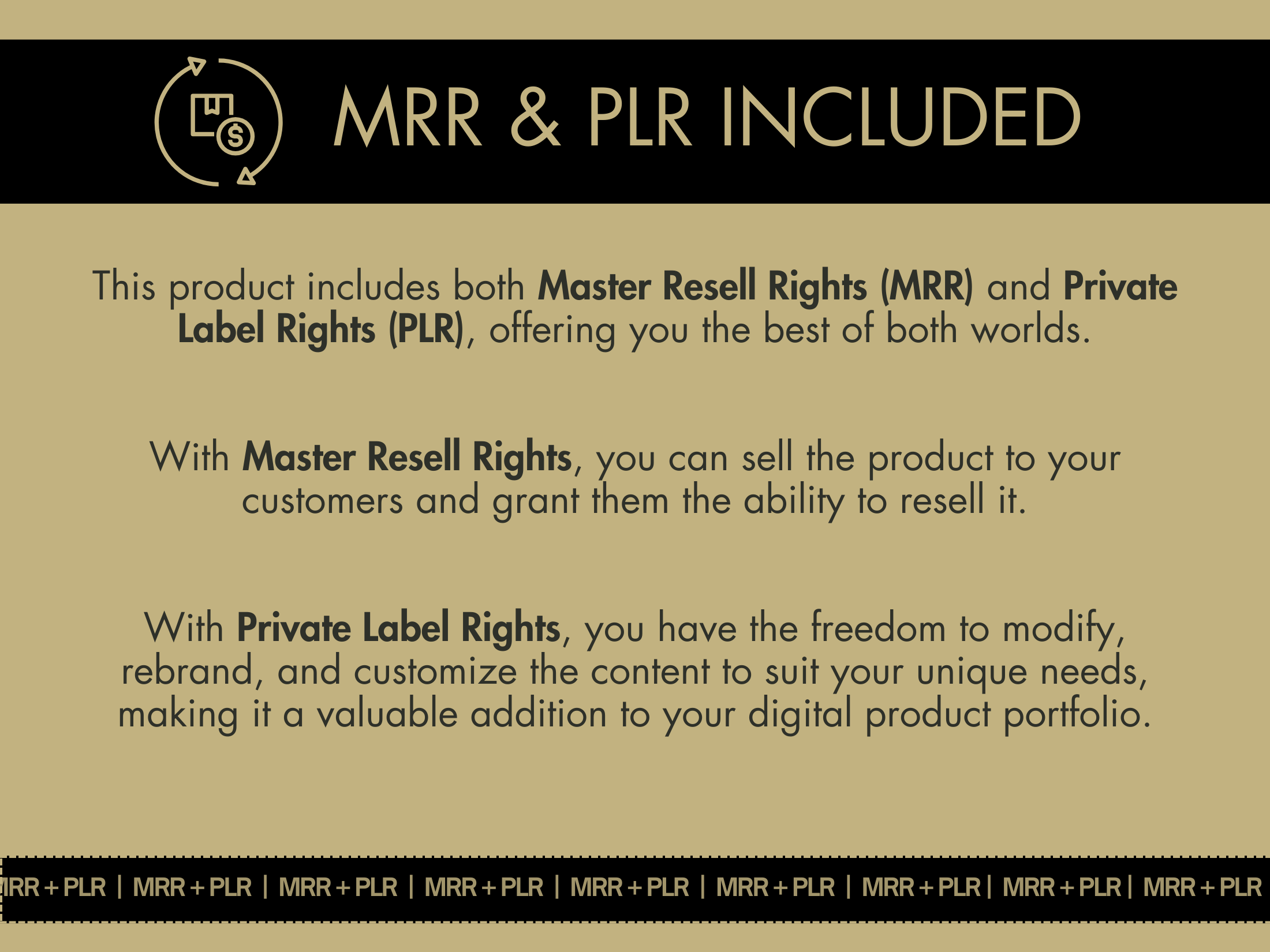 Details on the MRR & PLR rights included with the Mediterranean Dreamscape collection, emphasizing rebranding and resale options.