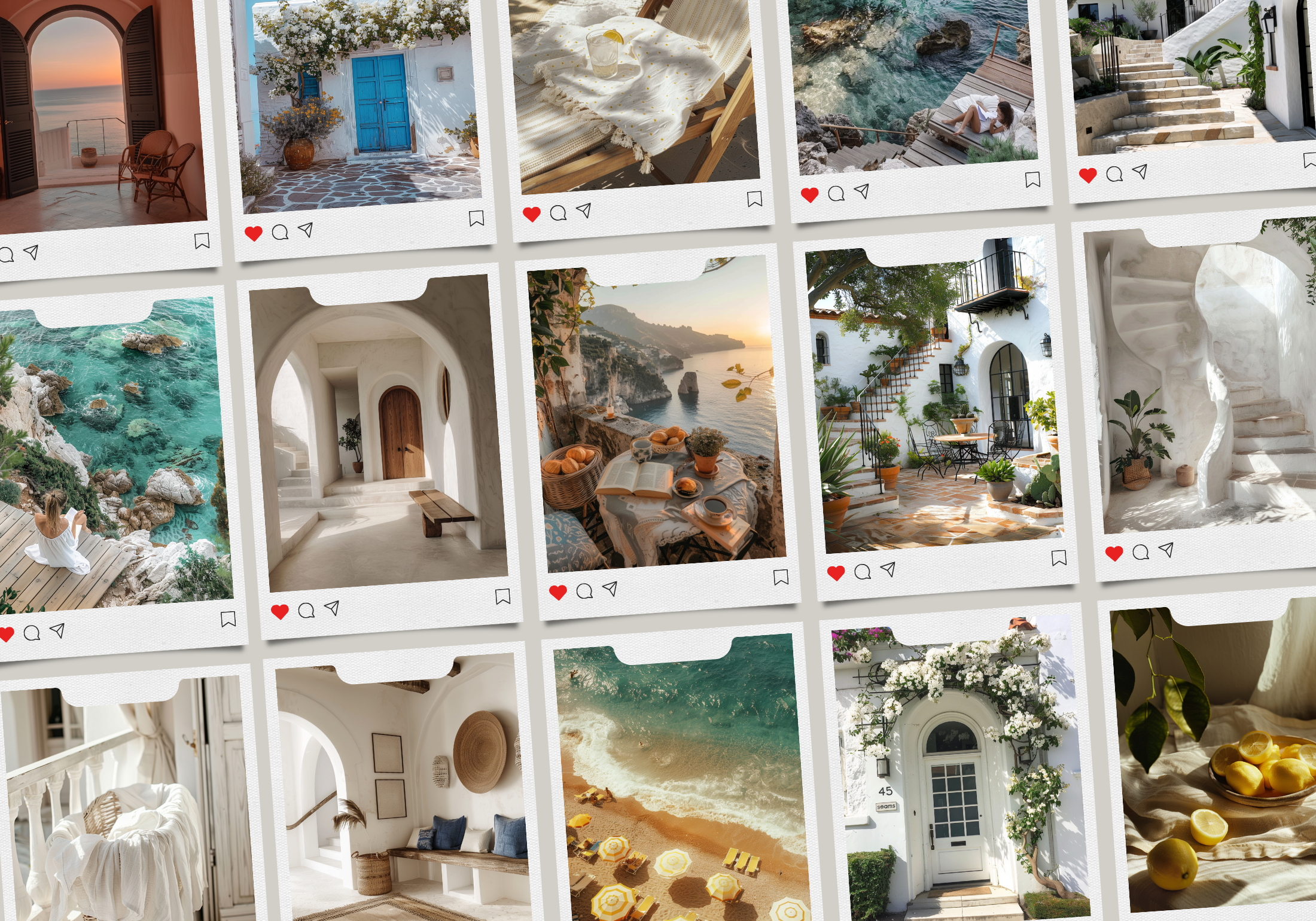 Polaroid-style collage featuring various Mediterranean scenes, from serene beaches to beautiful coastal architecture.