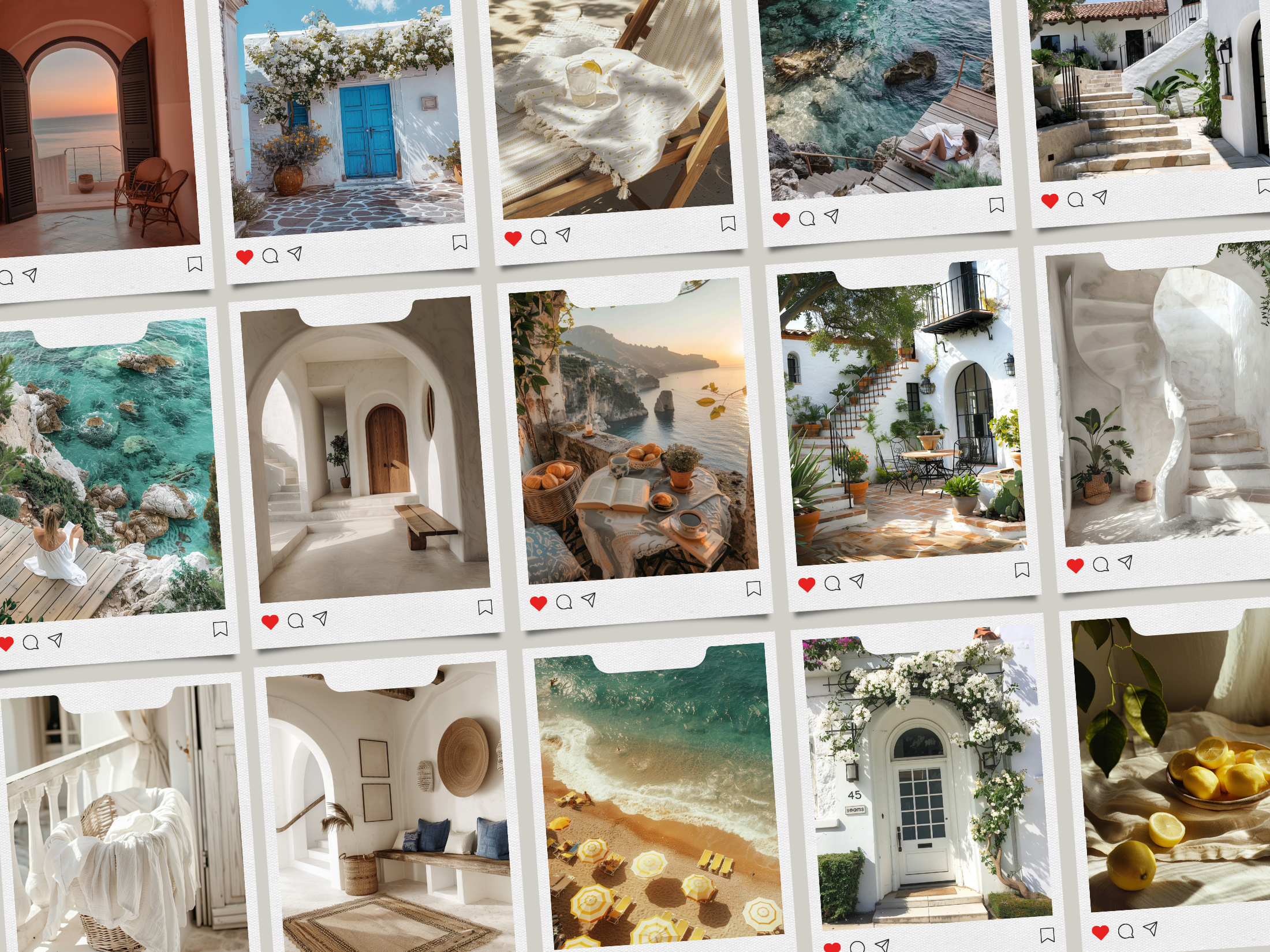 Polaroid-style collage featuring various Mediterranean scenes, from serene beaches to beautiful coastal architecture.