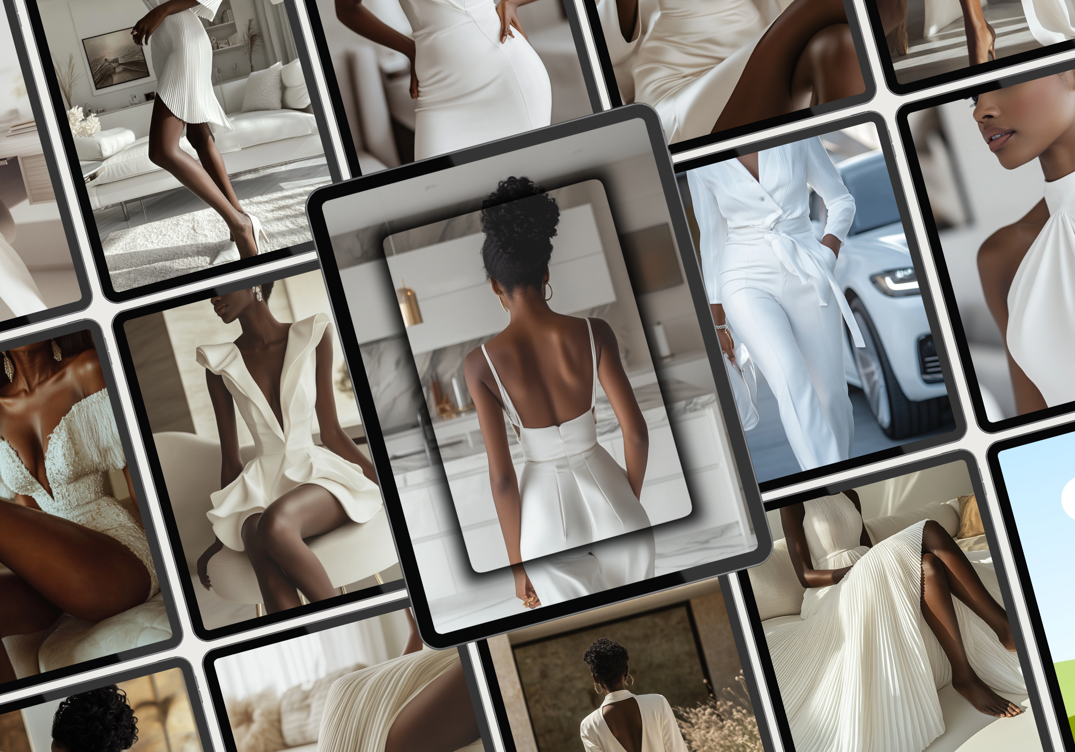 Collage of luxurious, faceless stock images featuring melanin women in high-end fashion, emphasizing power and confidence.