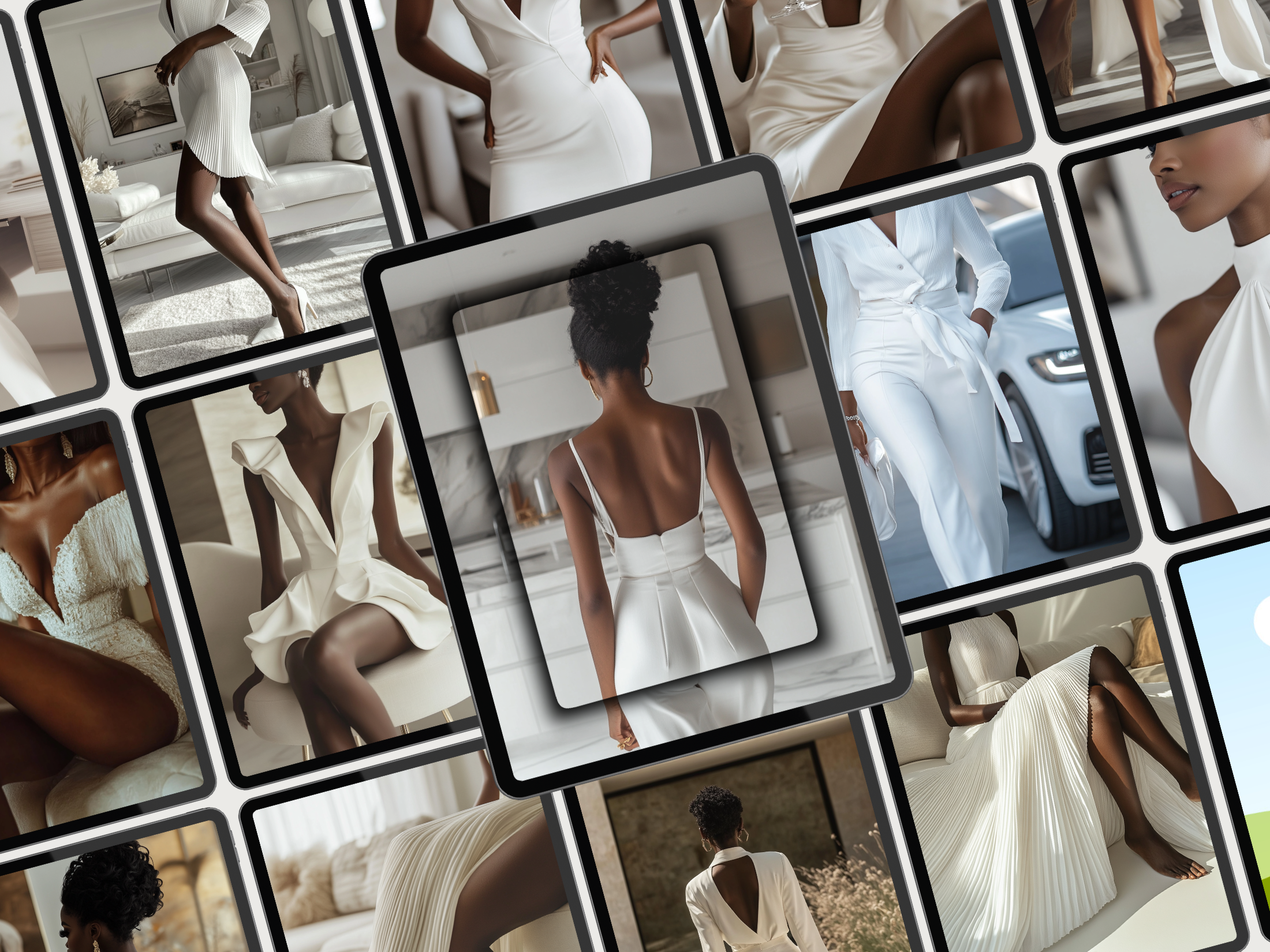 Collage of luxurious, faceless stock images featuring melanin women in high-end fashion, emphasizing power and confidence.