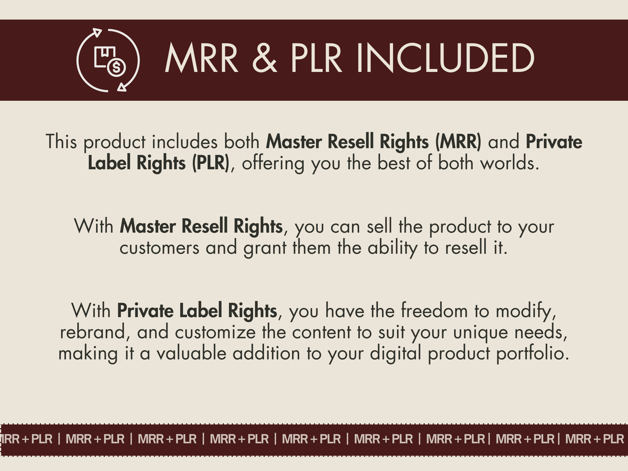 Details on the Master Resell Rights (MRR) and Private Label Rights (PLR) offered with the Melanin Luxury Woman AI image collection.