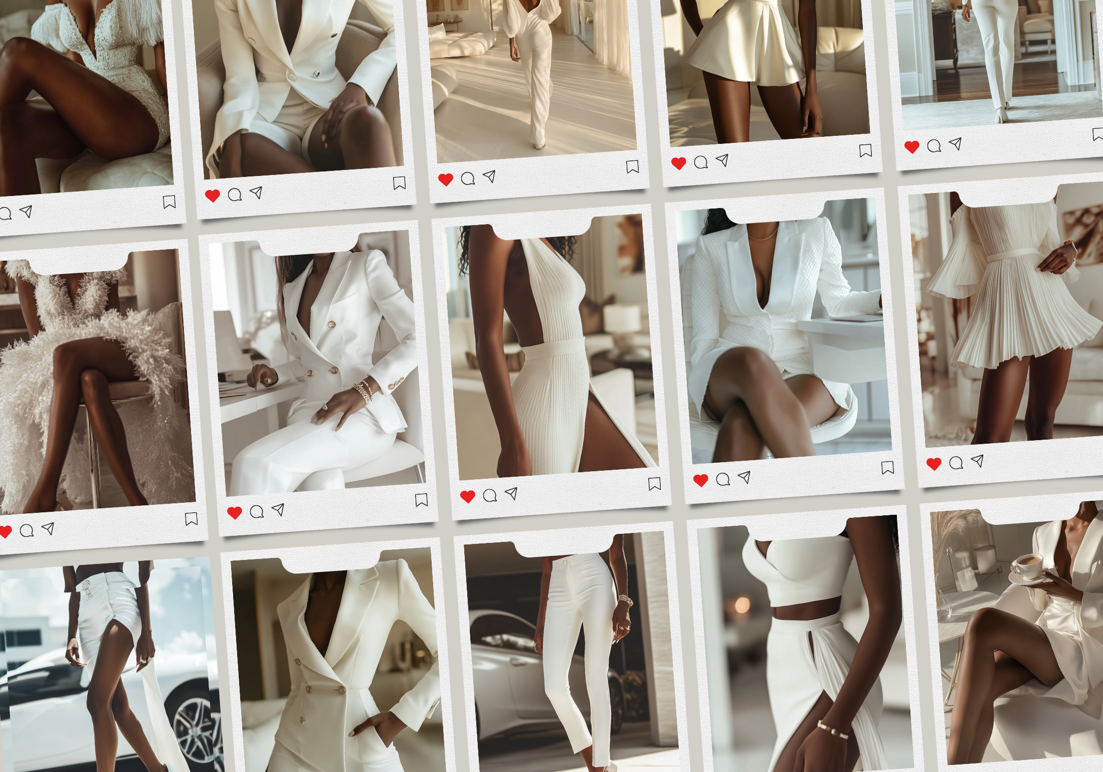 Polaroid-style grid layout displaying various images from the Melanin Luxury Woman collection, showcasing elegance in different fashion settings.