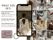 Product overview highlighting the features of the Melanin Luxury Woman AI stock image bundle, including MRR & PLR benefits.