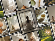 Collage of wellness and mindfulness images featuring meditation, relaxation, and natural elements like crystals and tea.