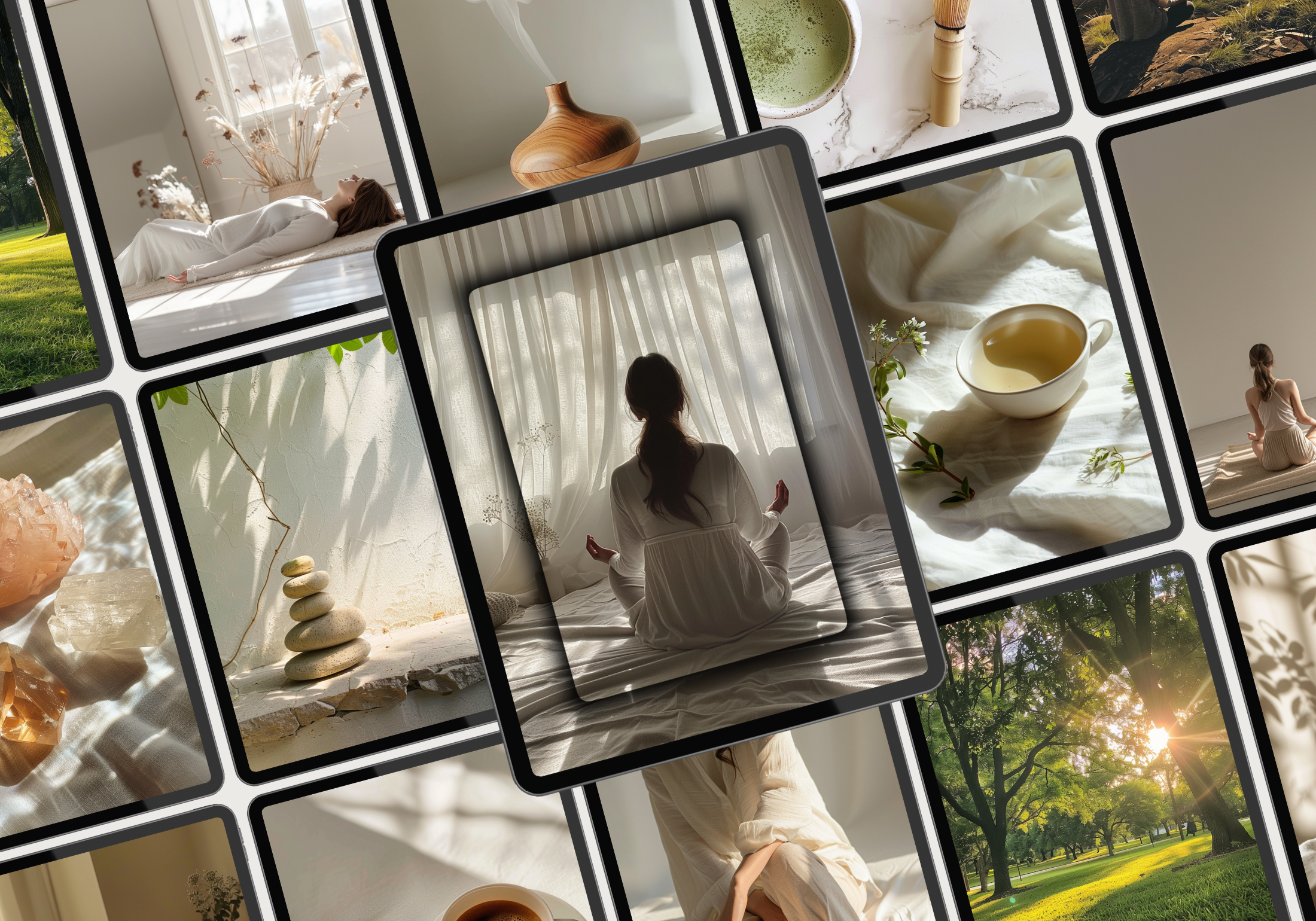 Collage of wellness and mindfulness images featuring meditation, relaxation, and natural elements like crystals and tea.