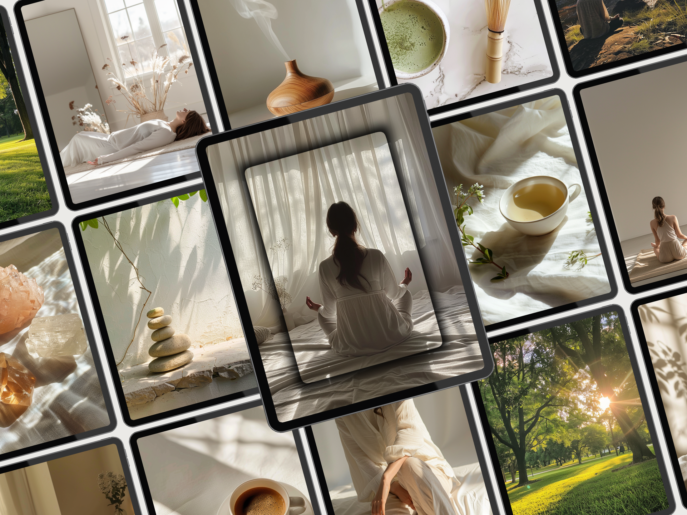 Collage of wellness and mindfulness images featuring meditation, relaxation, and natural elements like crystals and tea.