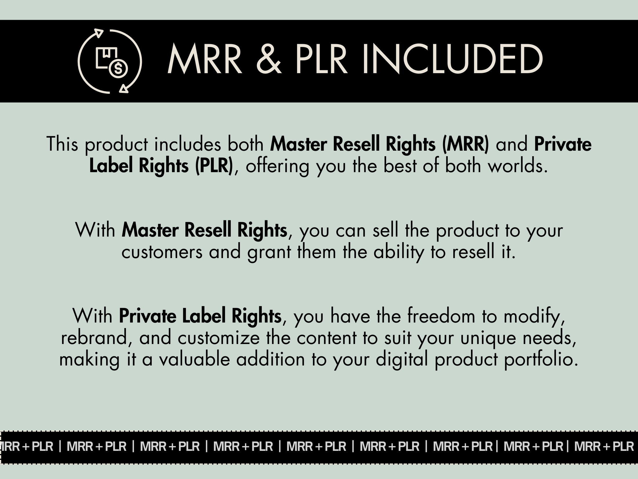 Details on the Master Resell Rights (MRR) and Private Label Rights (PLR) included in the "Mind & Body" stock photo bundle.