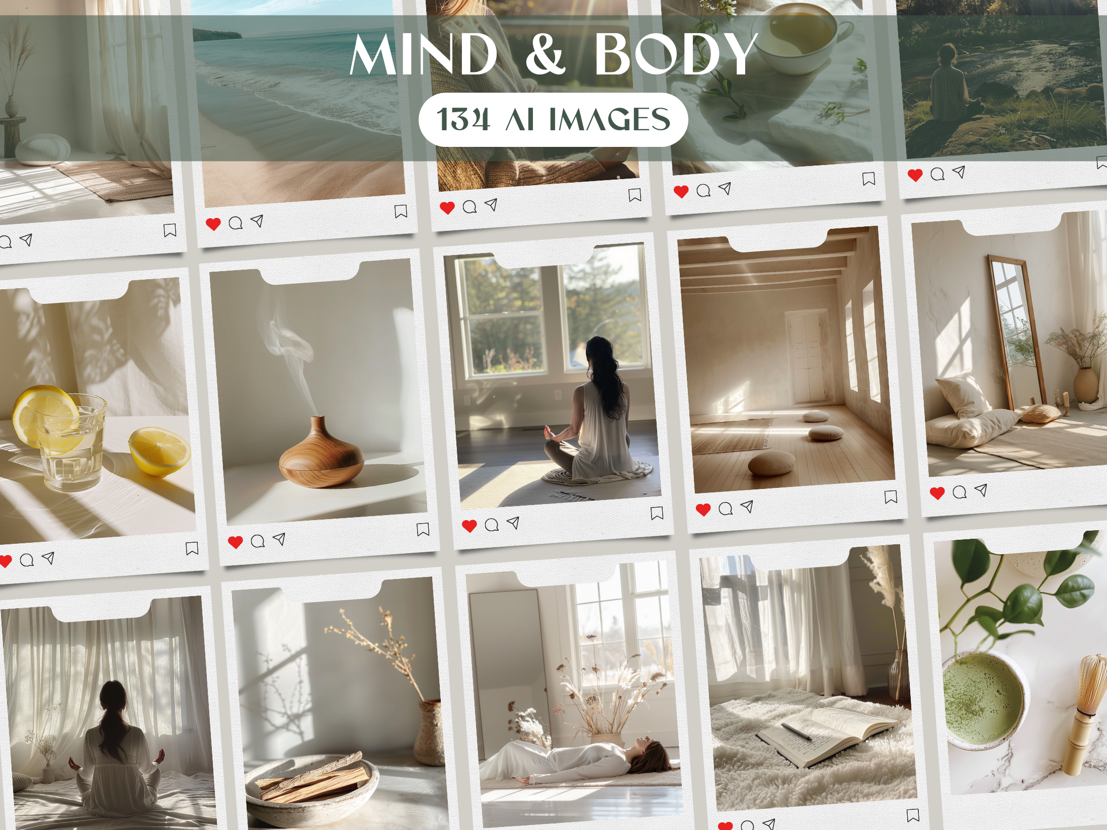 Overview of the "Mind & Body" stock image collection, featuring 134 AI-generated images that embody wellness, serenity, and mindfulness.