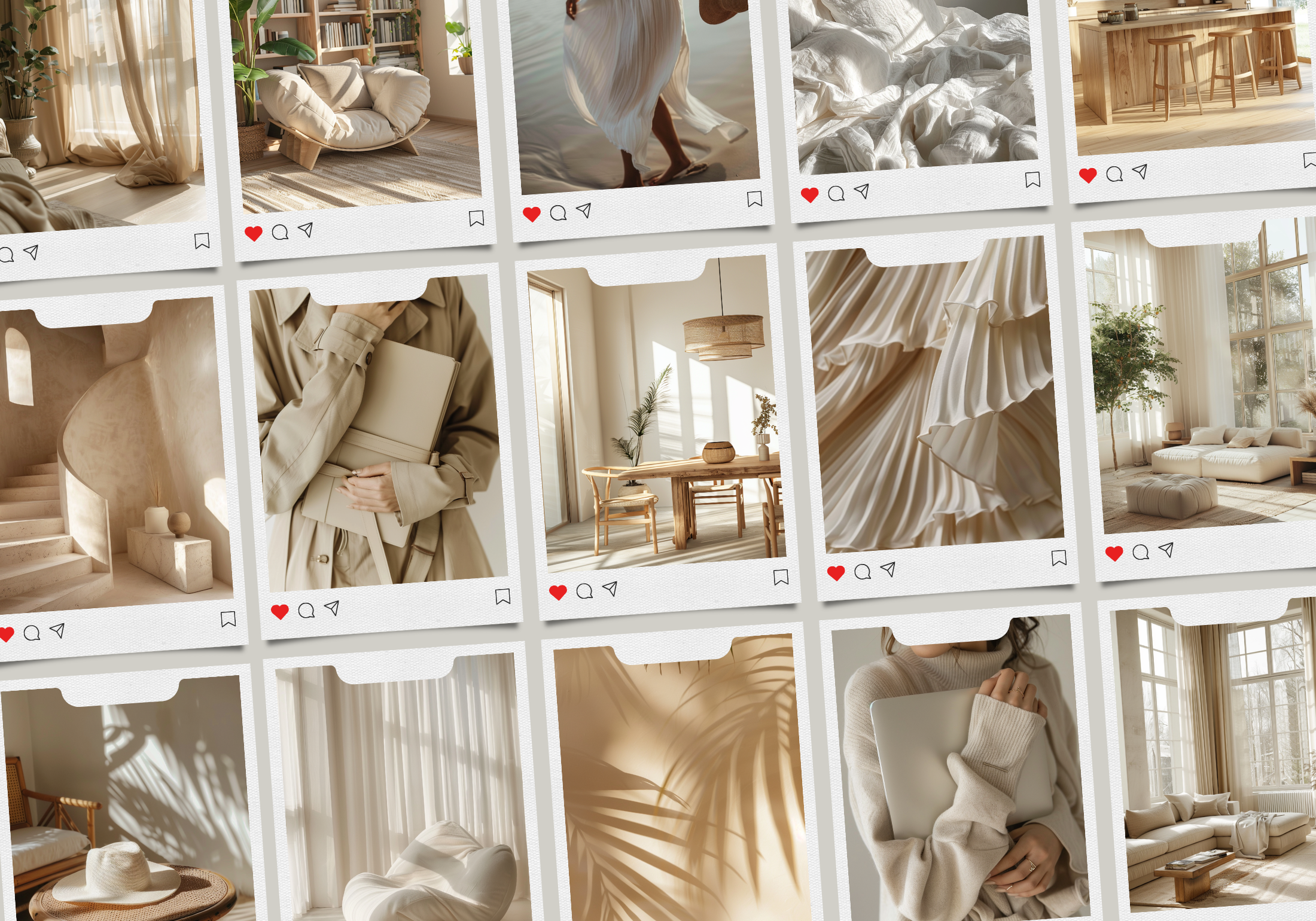 Polaroid-style previews of minimalist lifestyle images, perfect for social media aesthetics with warm and neutral tones