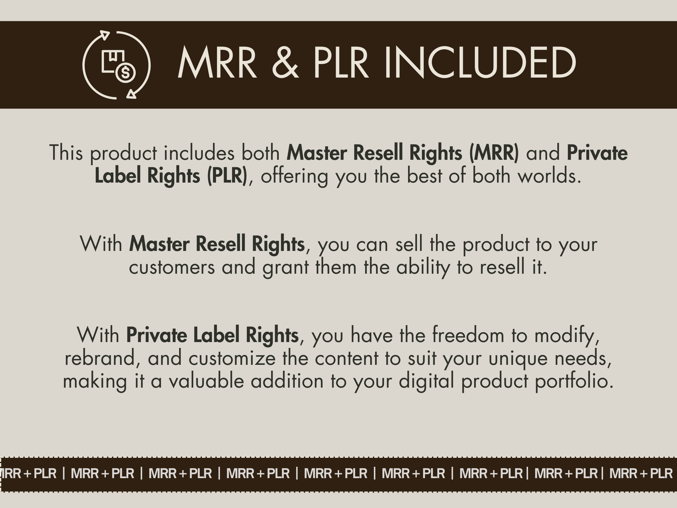 Information about Master Resell Rights (MRR) and Private Label Rights (PLR) included with the minimalist beige stock image bundle.