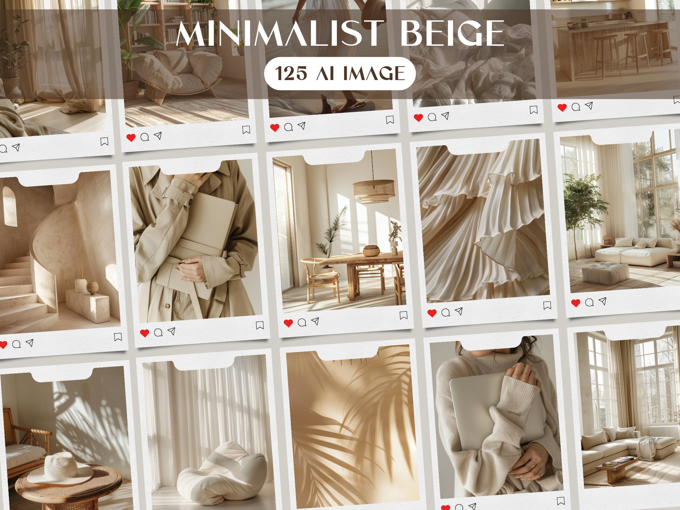 Overview of the "Minimalist Beige" stock image collection, presenting 125 high-quality lifestyle AI images that showcase warm, minimalist aesthetics.