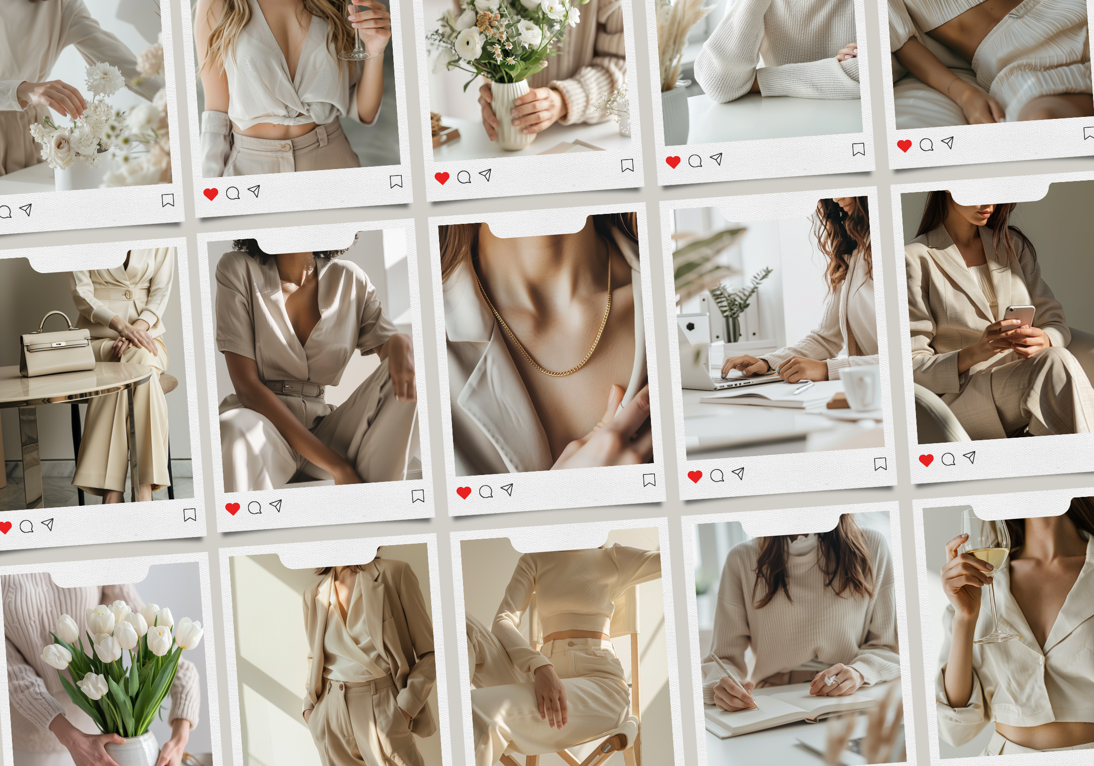 Polaroid-style collection of businesswoman images in neutral tones, arranged in a social media-friendly format.