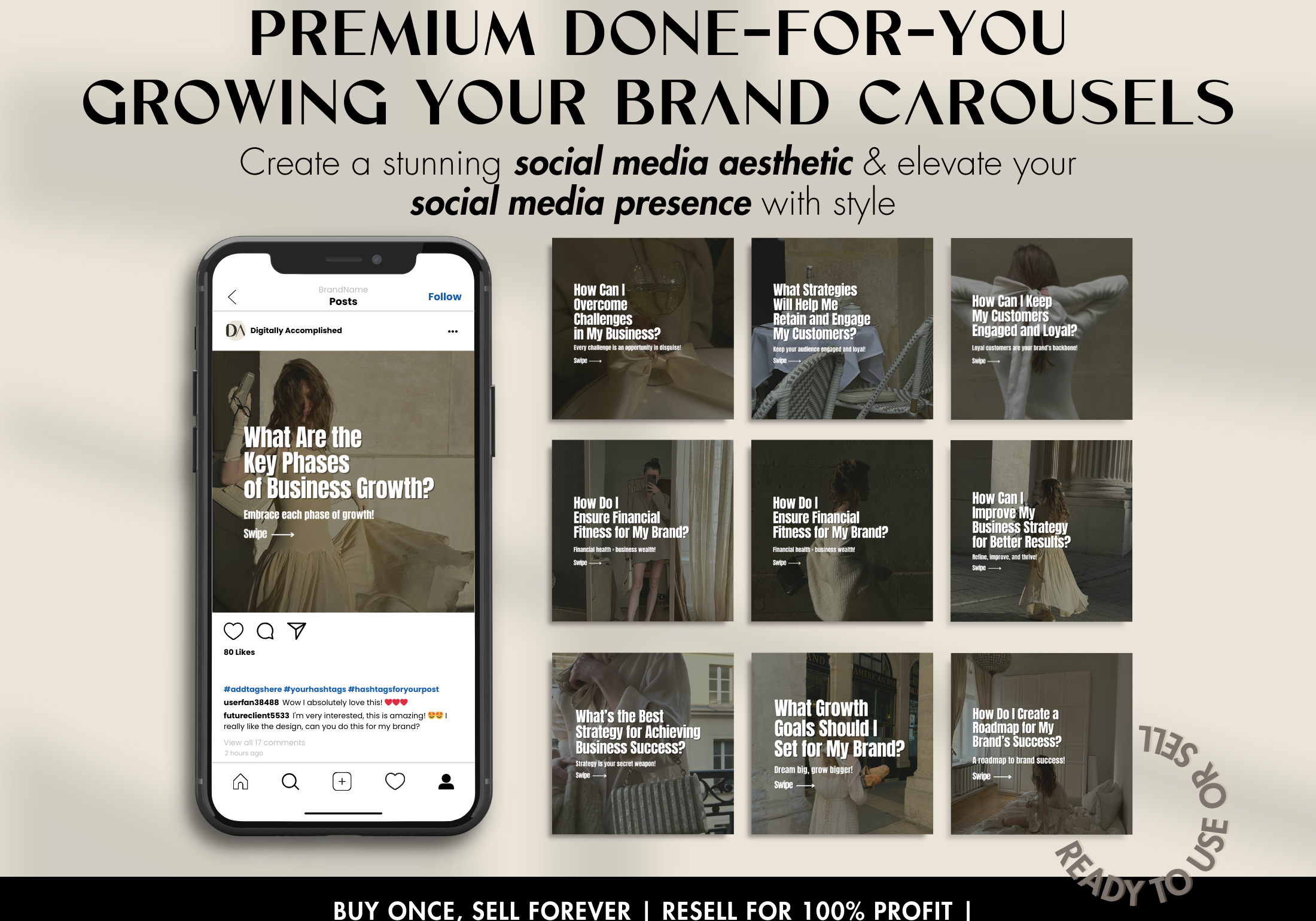 Promotional image showcasing the premium done-for-you Instagram carousels, designed for growing brand presence with style.