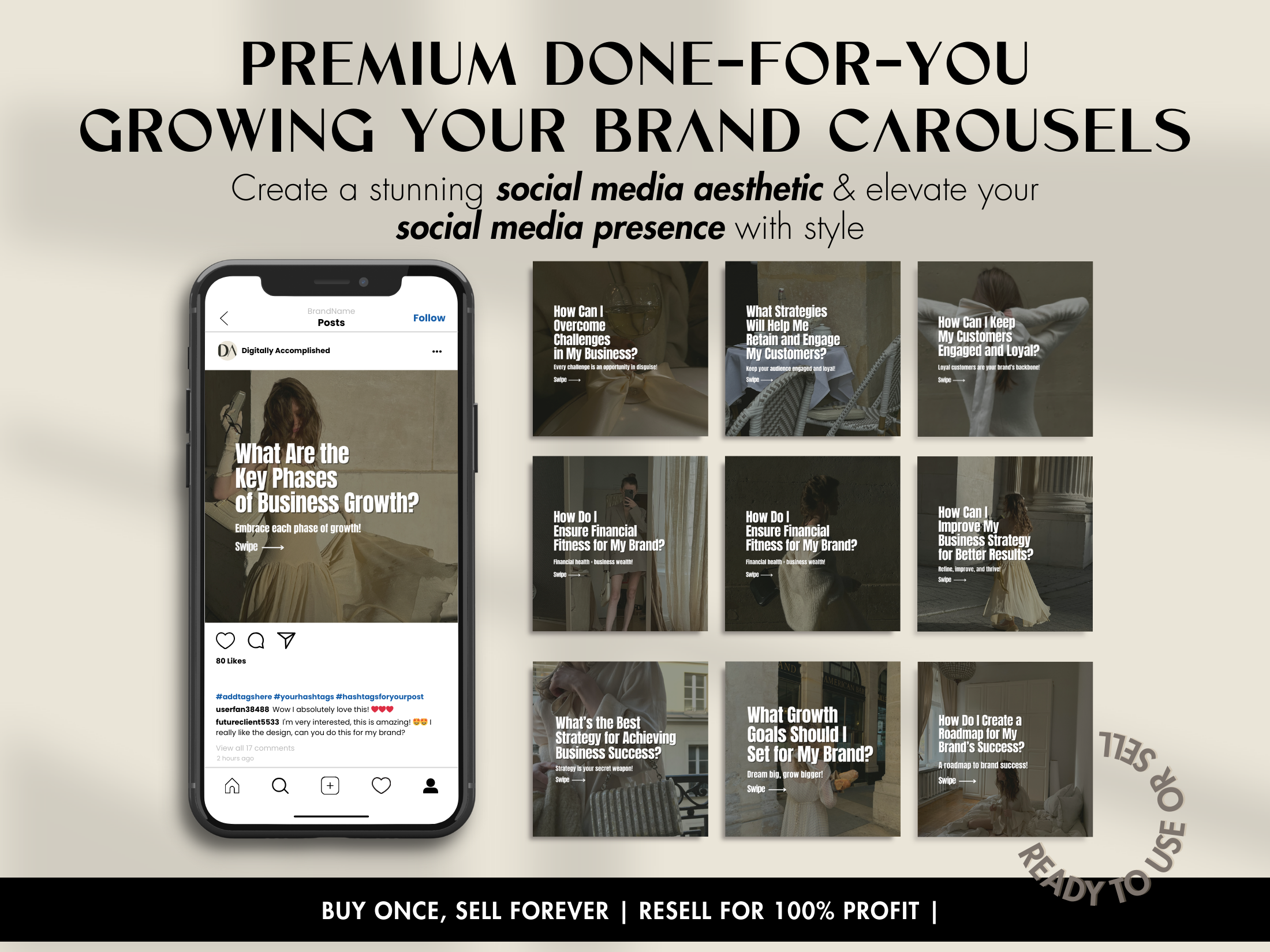 Promotional image showcasing the premium done-for-you Instagram carousels, designed for growing brand presence with style.