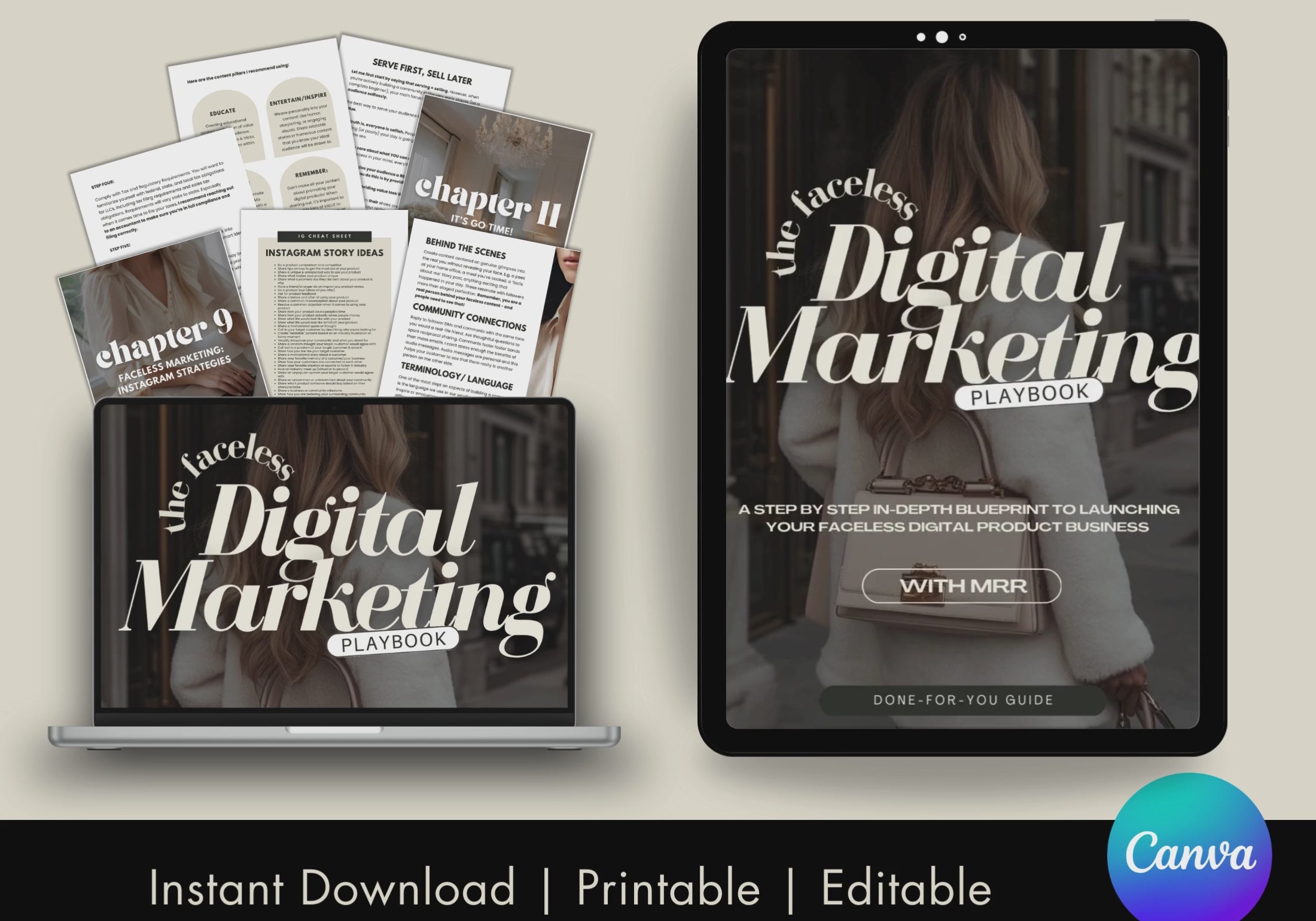 Video of The Faceless Digital Marketing Playbook chapters, detailing steps from vision building to launching and scaling digital products.