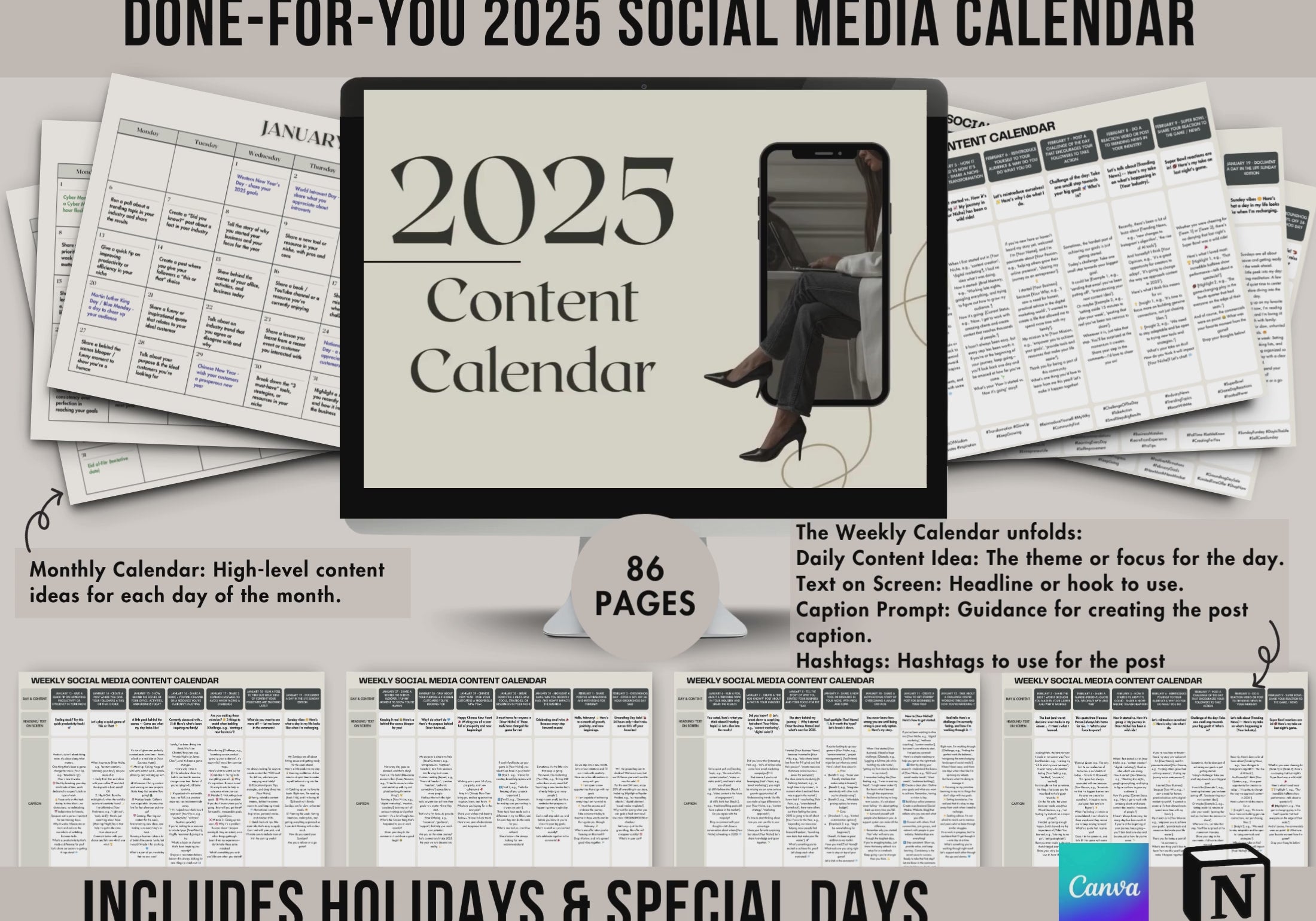 Sample content calendar highlighting monthly and weekly themes, complete with holidays and actionable daily ideas for consistent posting.