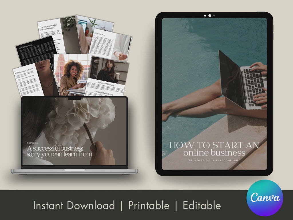 Overview image displaying the "How To Start An Online Business" guide across multiple devices, emphasizing its digital accessibility and comprehensive content.