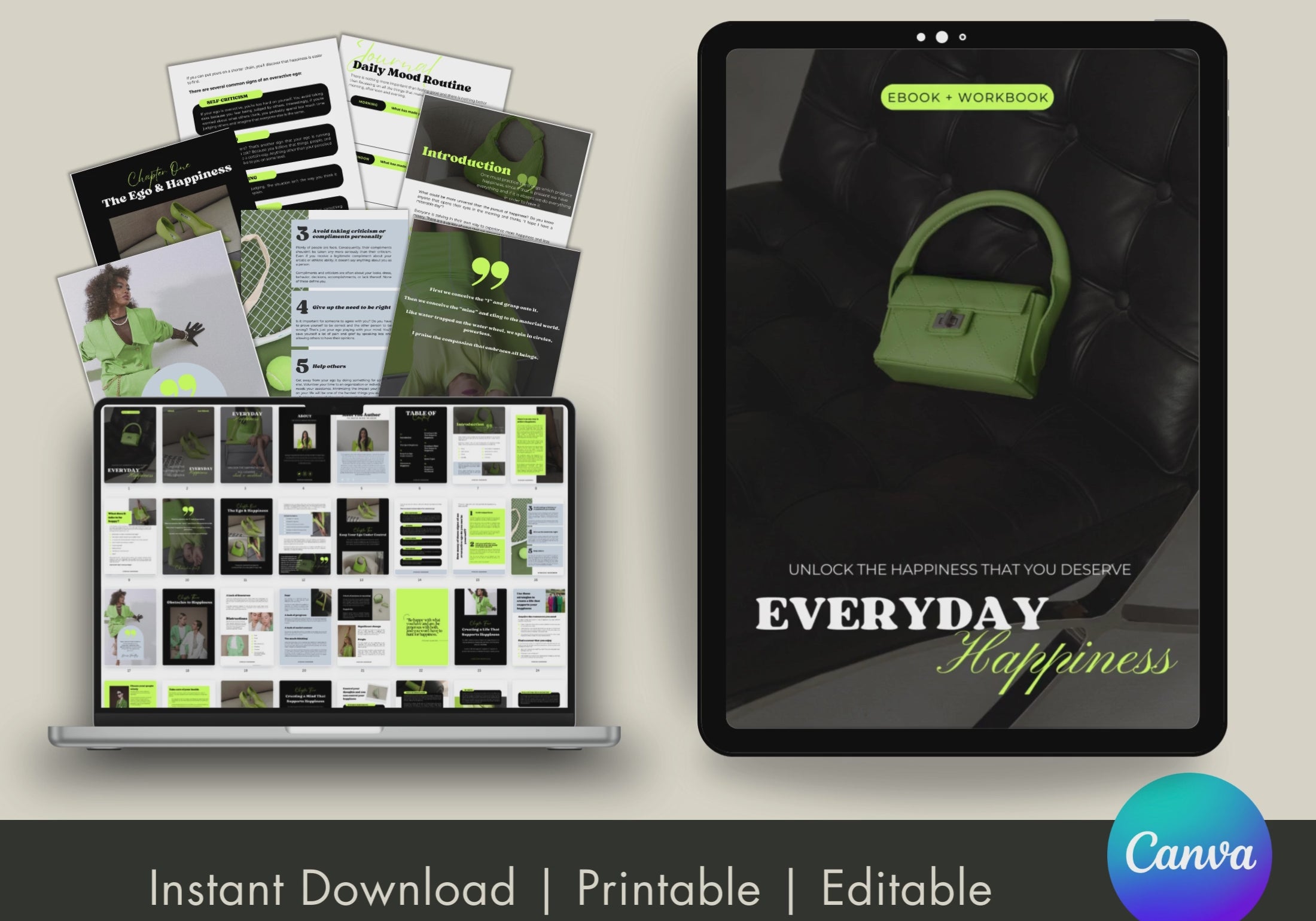 Everyday Happiness eBook & Workbook Displayed on Multiple Devices - Digital and Printable Happiness Guide