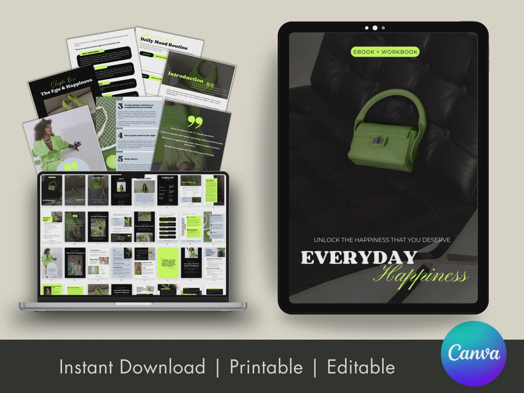 Everyday Happiness eBook & Workbook Displayed on Multiple Devices - Digital and Printable Happiness Guide