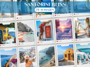 Overview of the "Santorini Bliss" stock image collection, capturing Mediterranean-inspired sun-kissed vibes with 75 high-quality AI images, perfect for social media.