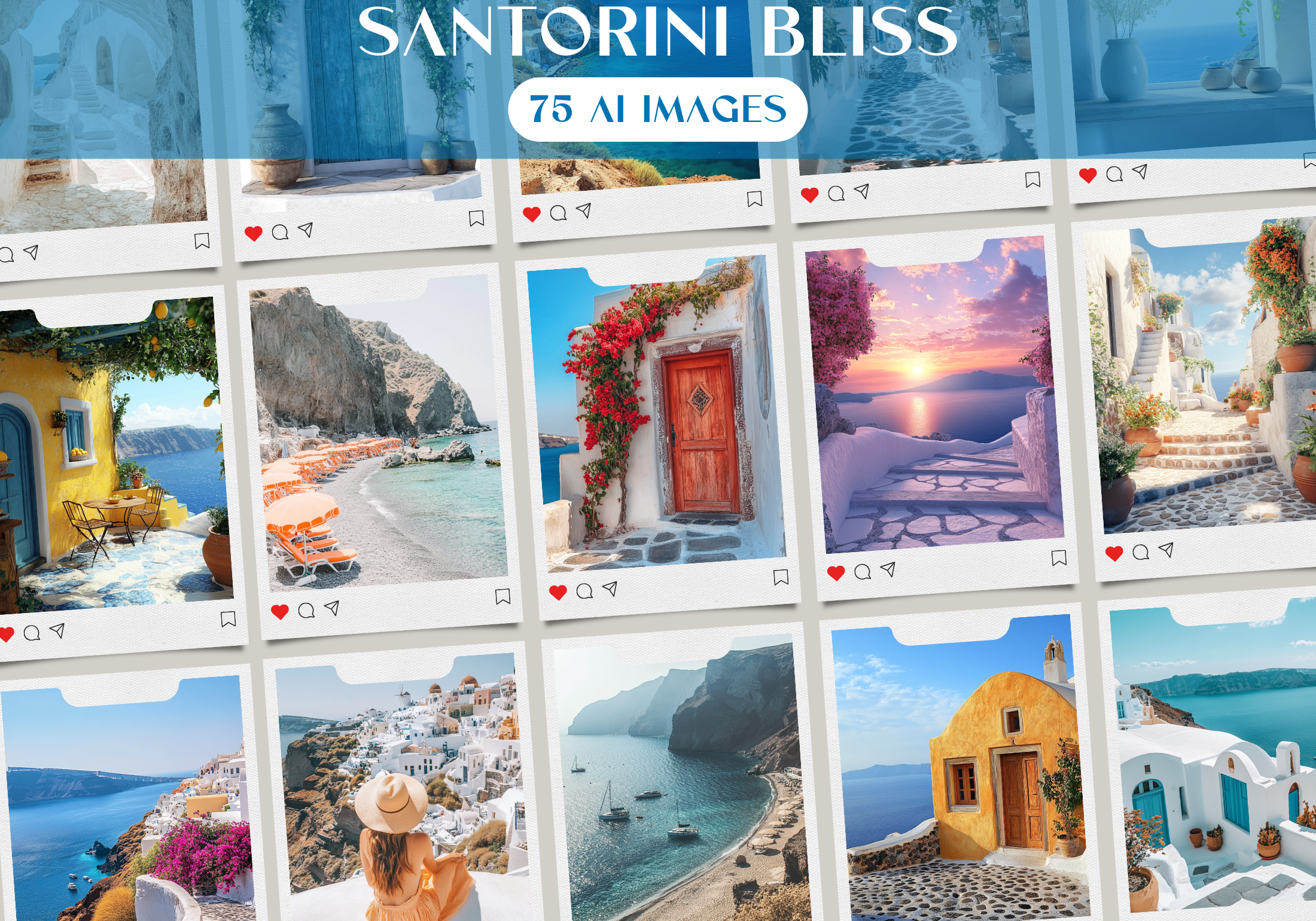 Overview of the "Santorini Bliss" stock image collection, capturing Mediterranean-inspired sun-kissed vibes with 75 high-quality AI images, perfect for social media.