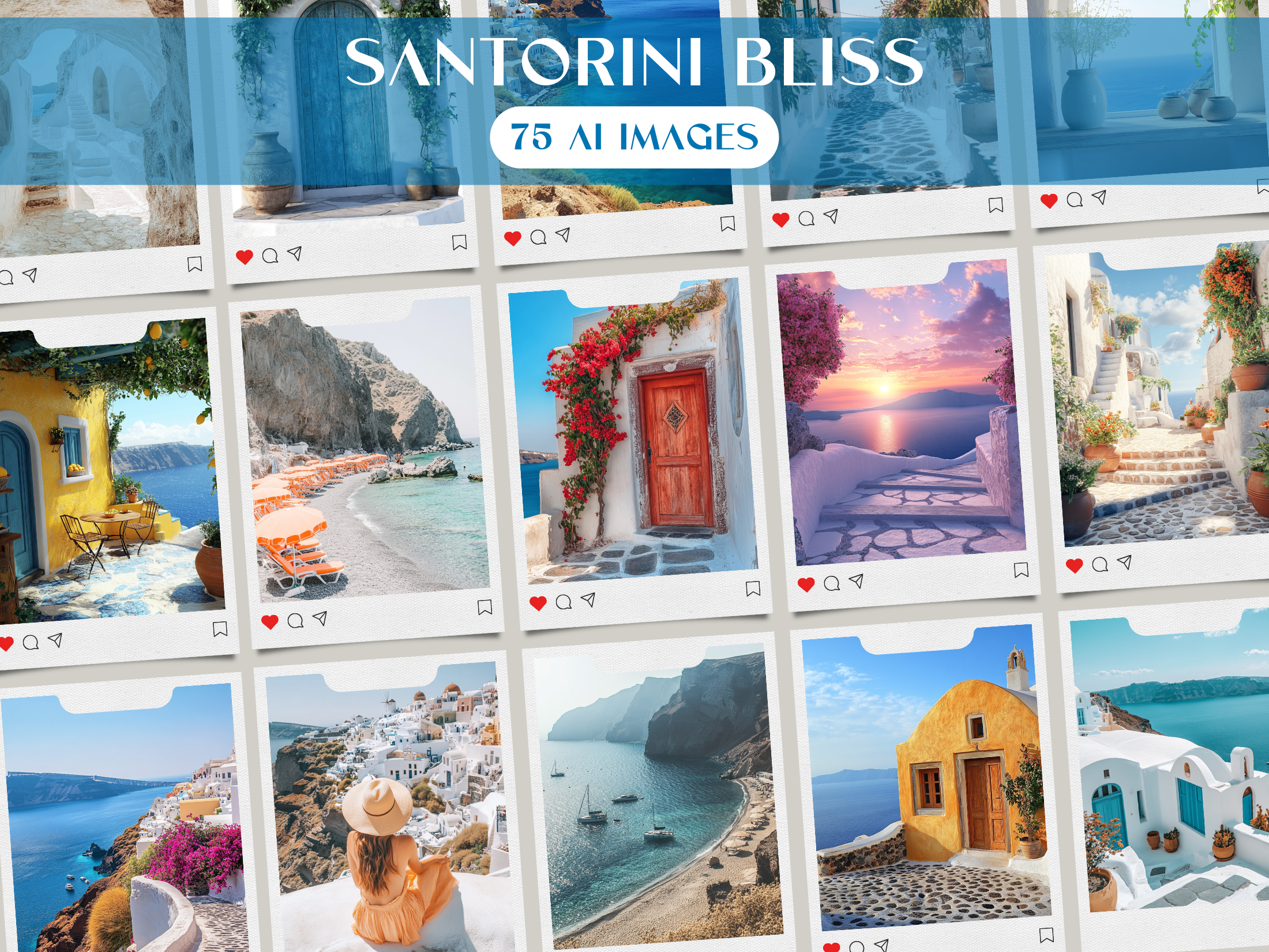 Overview of the "Santorini Bliss" stock image collection, capturing Mediterranean-inspired sun-kissed vibes with 75 high-quality AI images, perfect for social media.