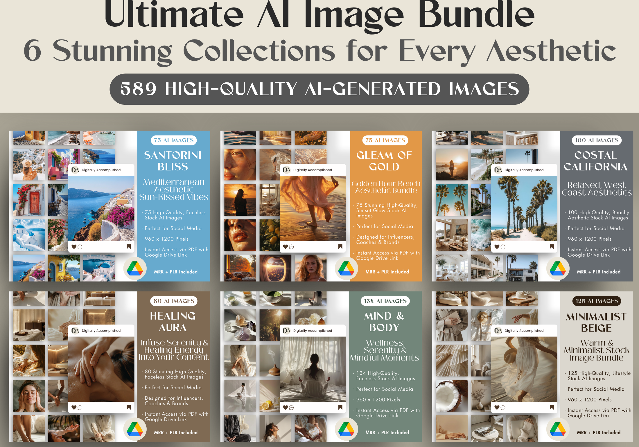 Cover image showcasing the "Ultimate AI Image Bundle," featuring six stunning collections for different aesthetics, highlighting a total of 589 high-quality AI-generated images.